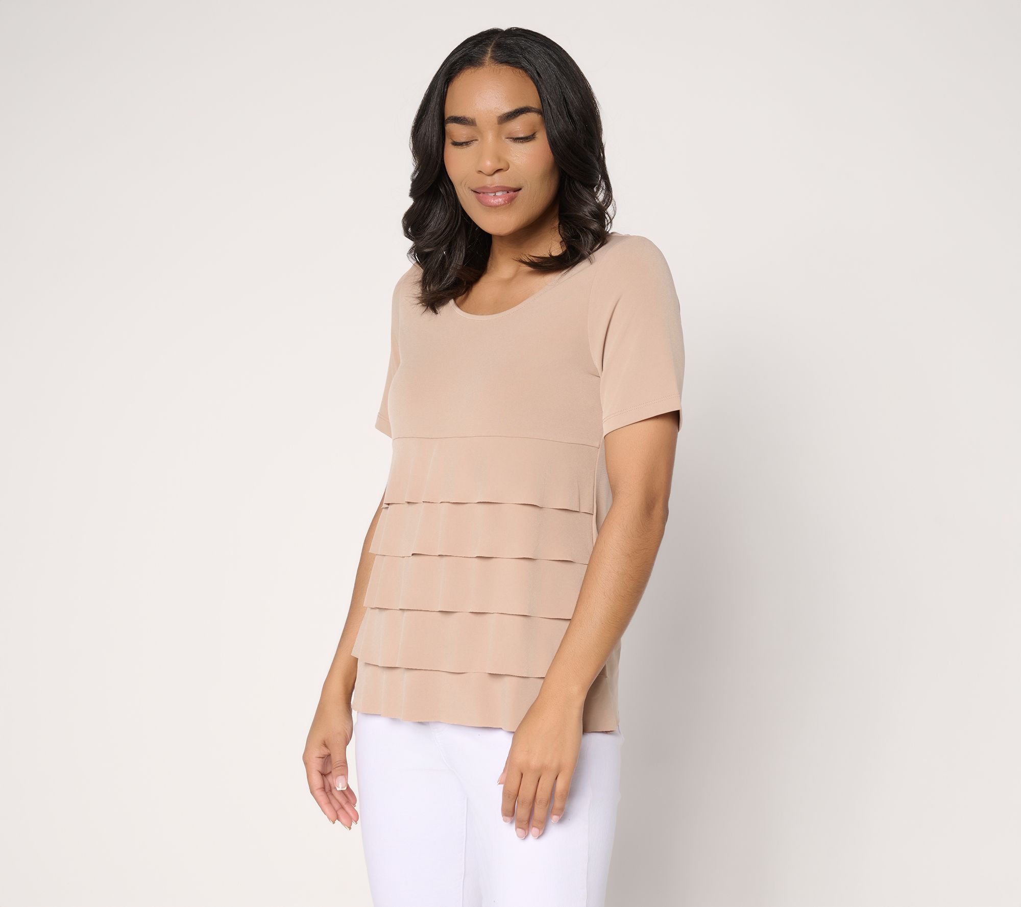 Susan Graver Liquid Knit Short Sleeve Scoop-Neck Tiered Top