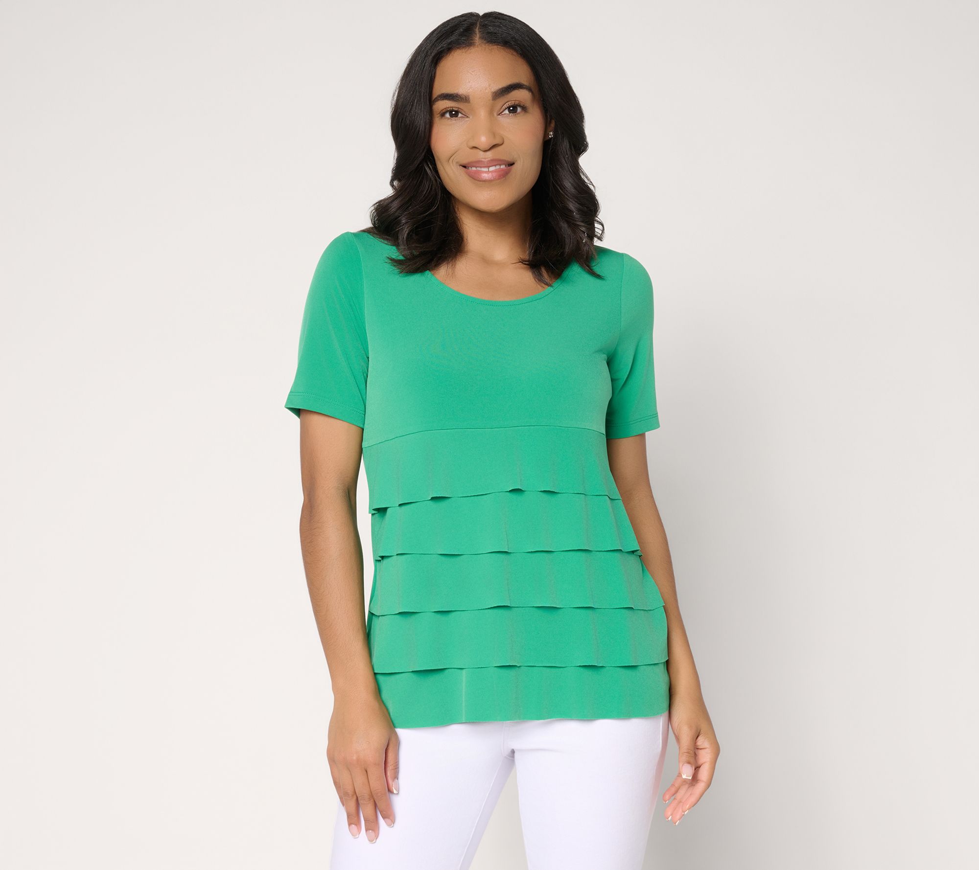 Susan Graver Liquid Knit Short Sleeve Scoop-Neck Tiered Top