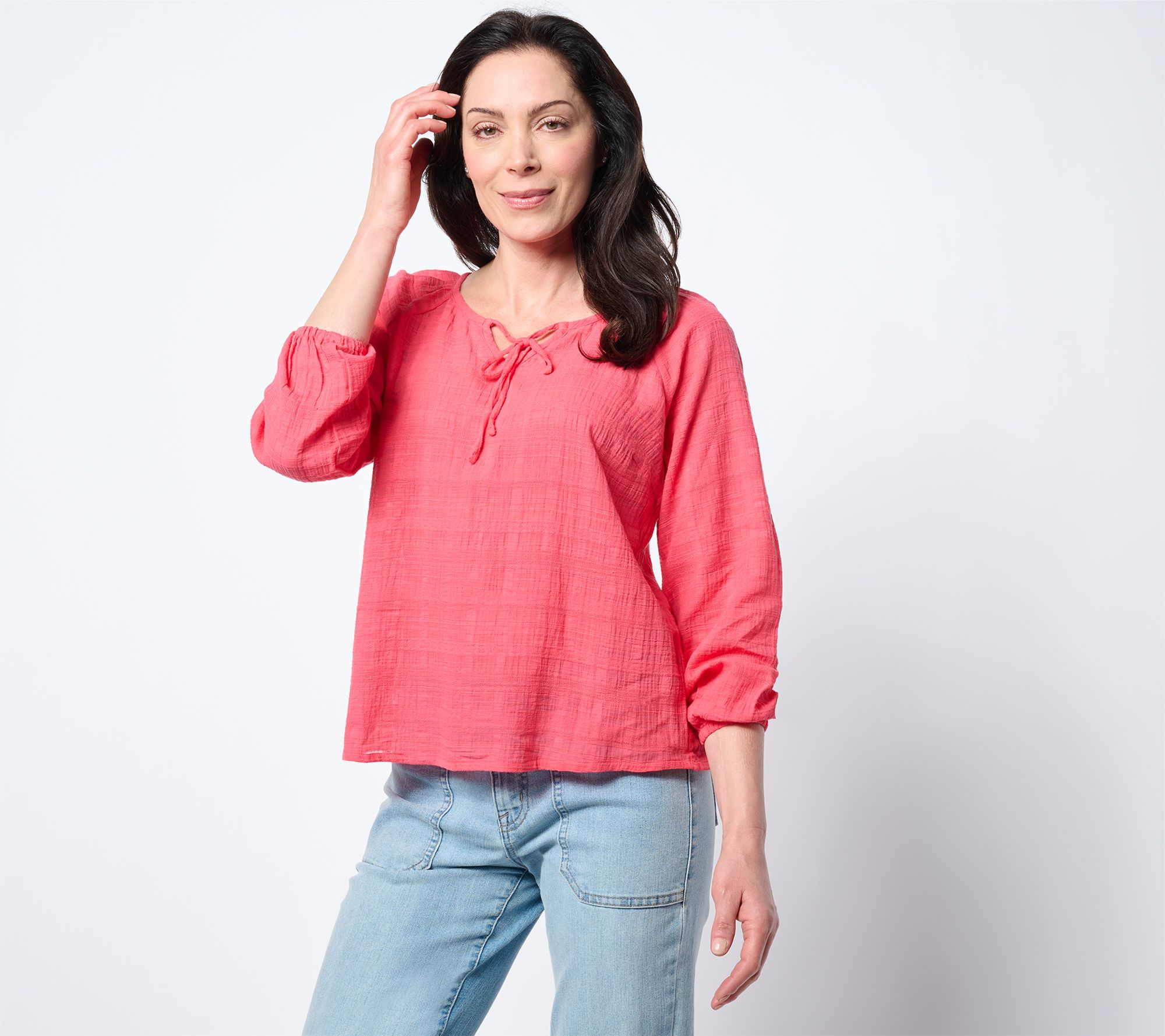 AnyBody Textured Woven Blouse with Tie Neck