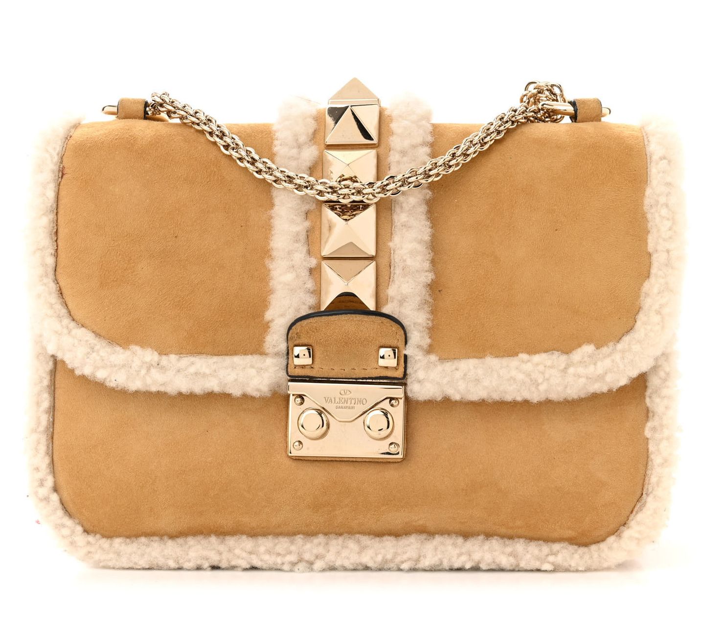 Pre-Owned Valentino Shearling Glam Lock Rockstu d Flap Beige