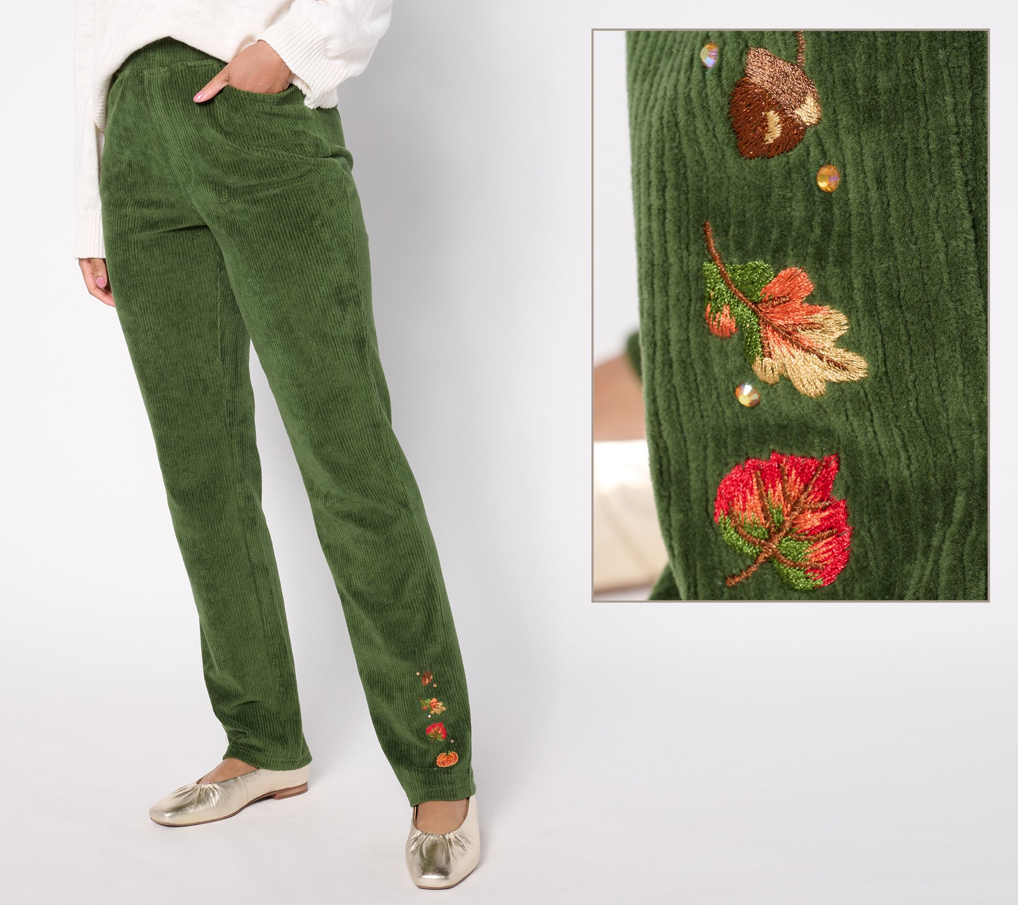 "As Is" Quacker Factory Regular Embroidered Fall Folly Corduroy Pants