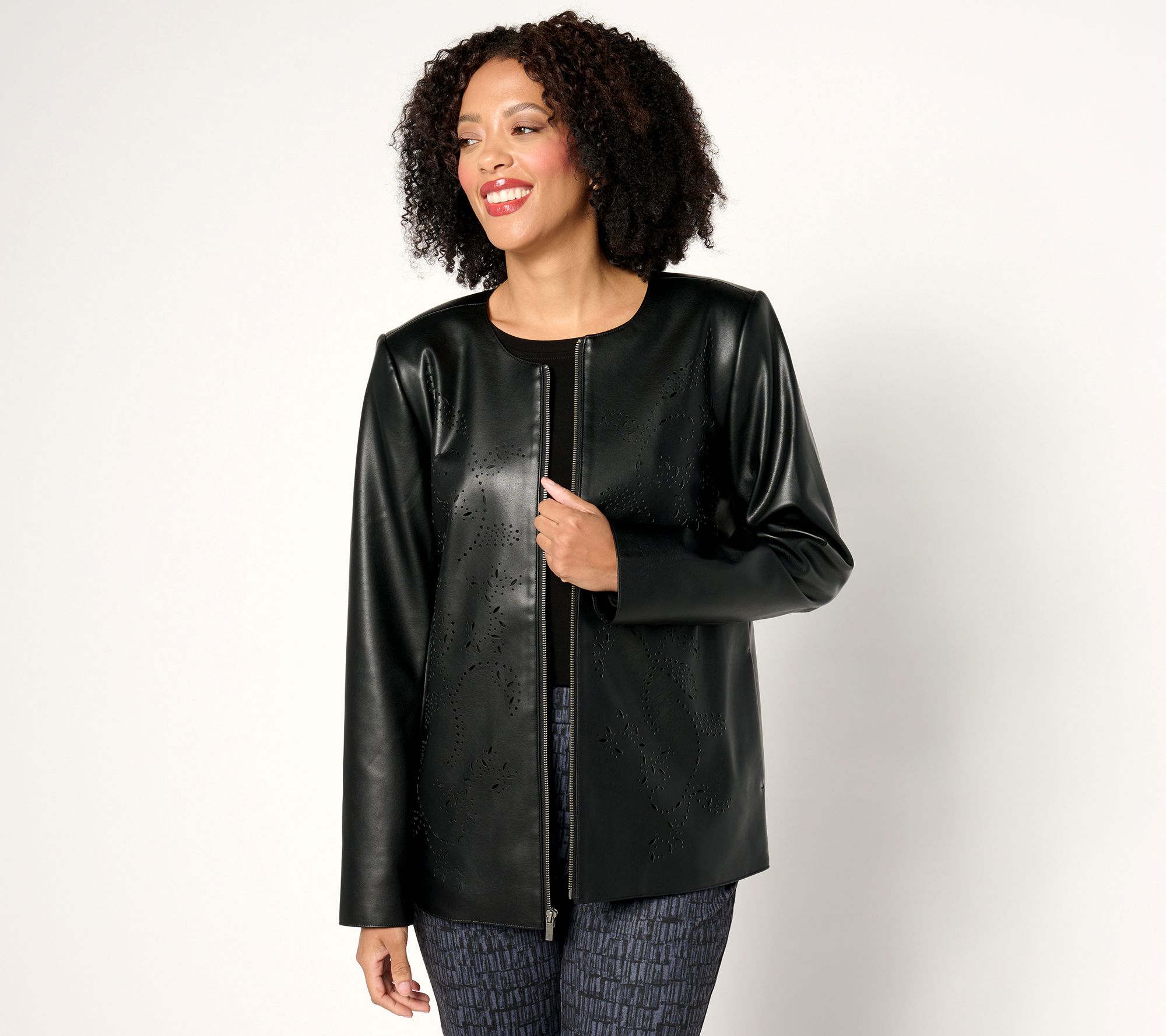 "As Is" Susan Graver Petite Faux Leather Jacket with Laser Detail
