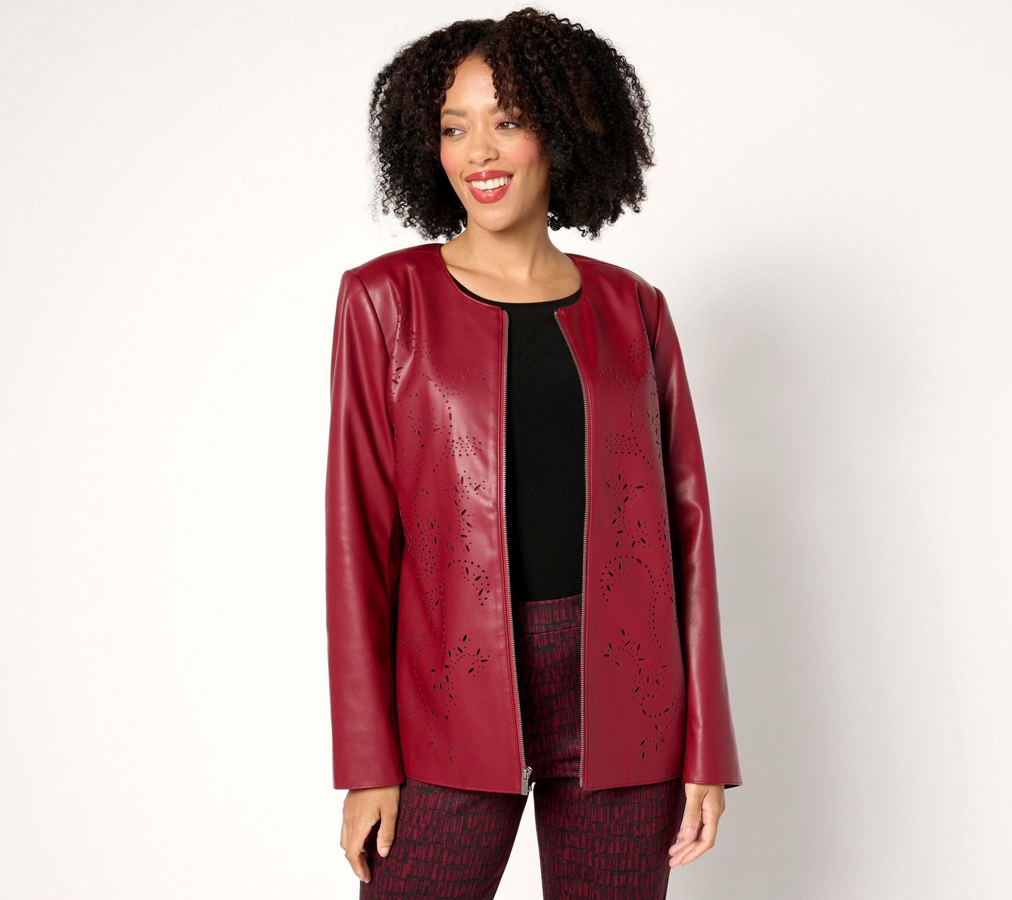 "As Is" Susan Graver Petite Faux Leather Jacket with Laser Detail
