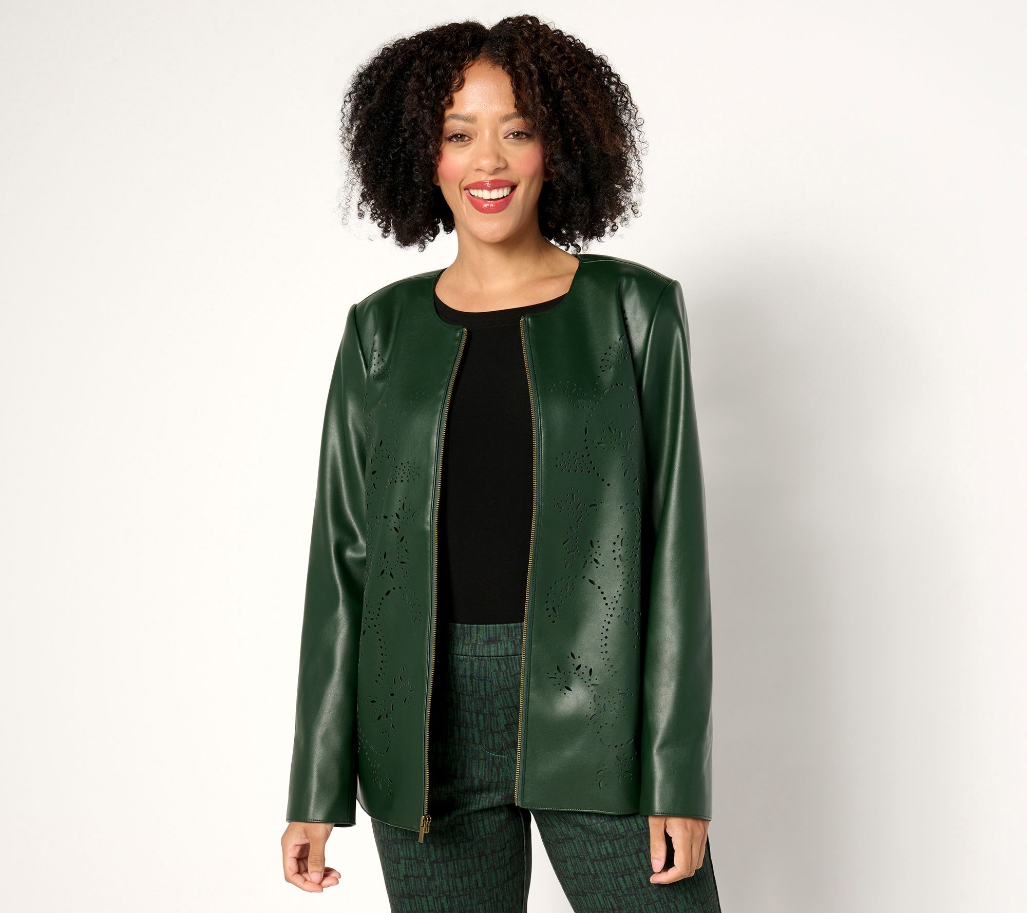 "As Is" Susan Graver Petite Faux Leather Jacket with Laser Detail