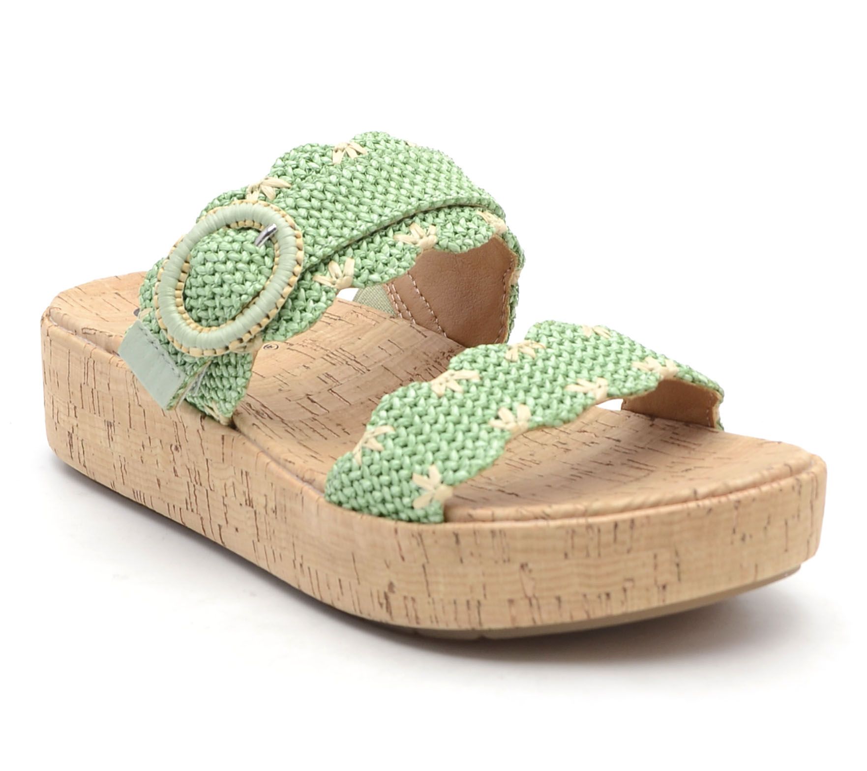 Earth Raffia Double Band Slide Sandals with Buckle - Subtle