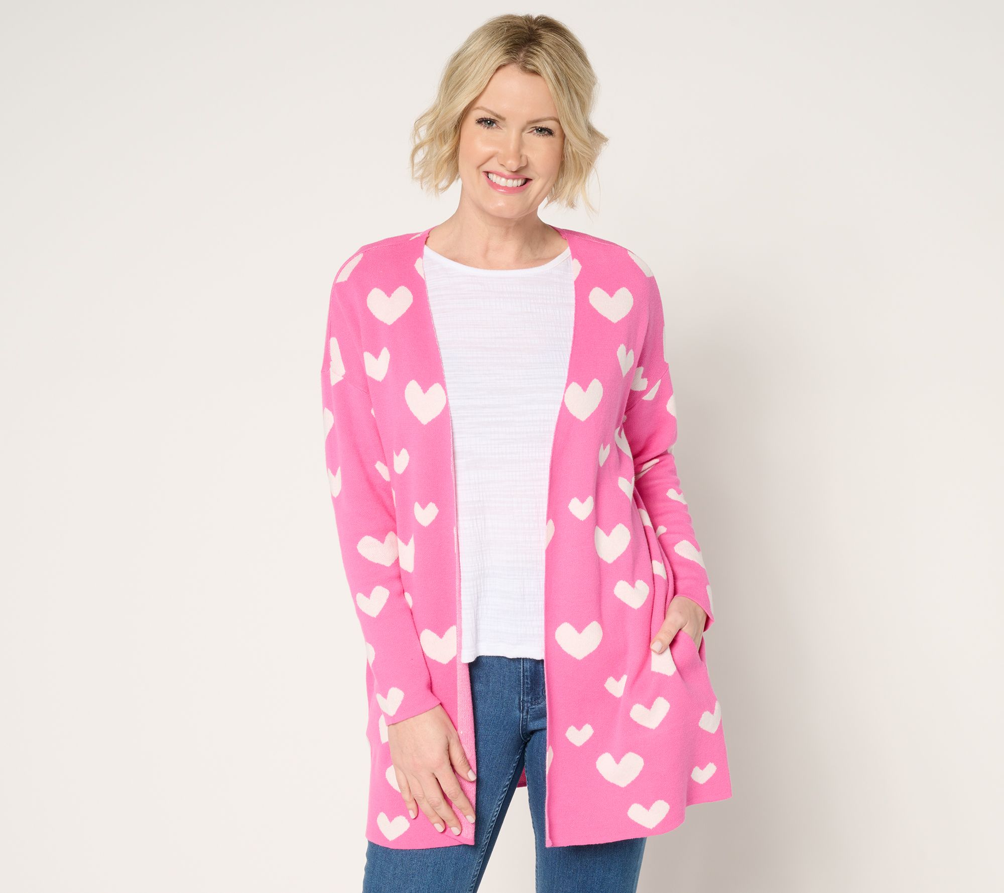 "As Is" Driftwood Jeans Heart Intarsia Cardigan-Pink Heart