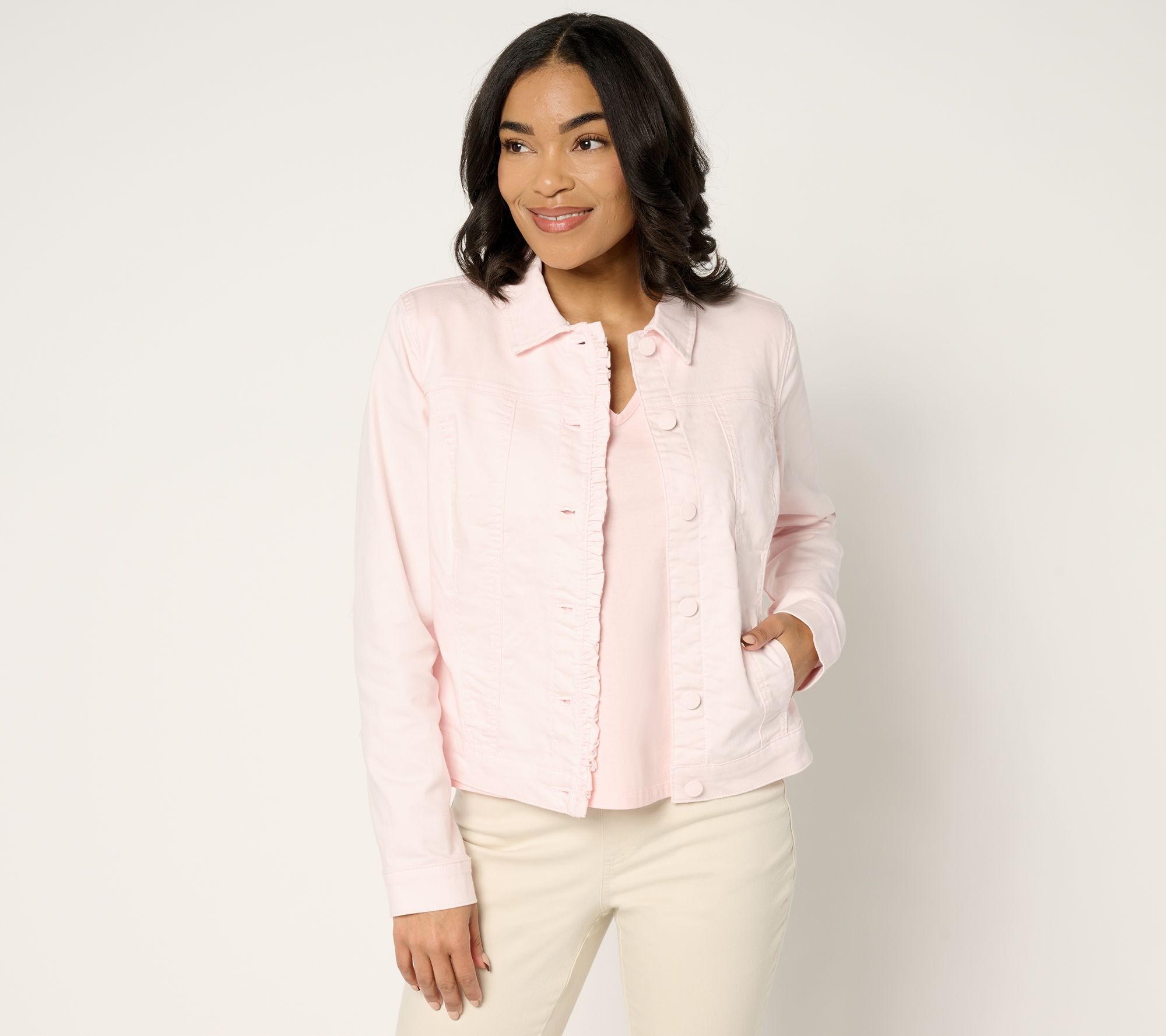 "As Is" Belle by Kim Gravel Stretch Denim Femme Flutter Ruffle Jacket