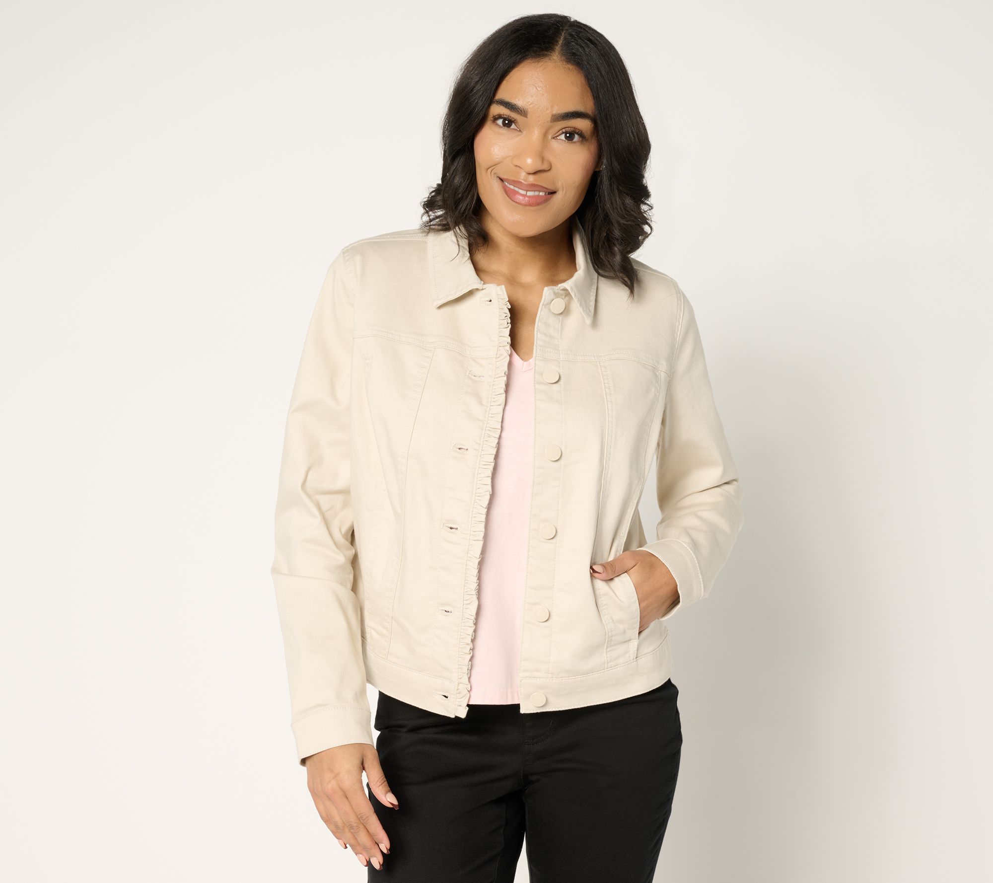 "As Is" Belle by Kim Gravel Stretch Denim Femme Flutter Ruffle Jacket