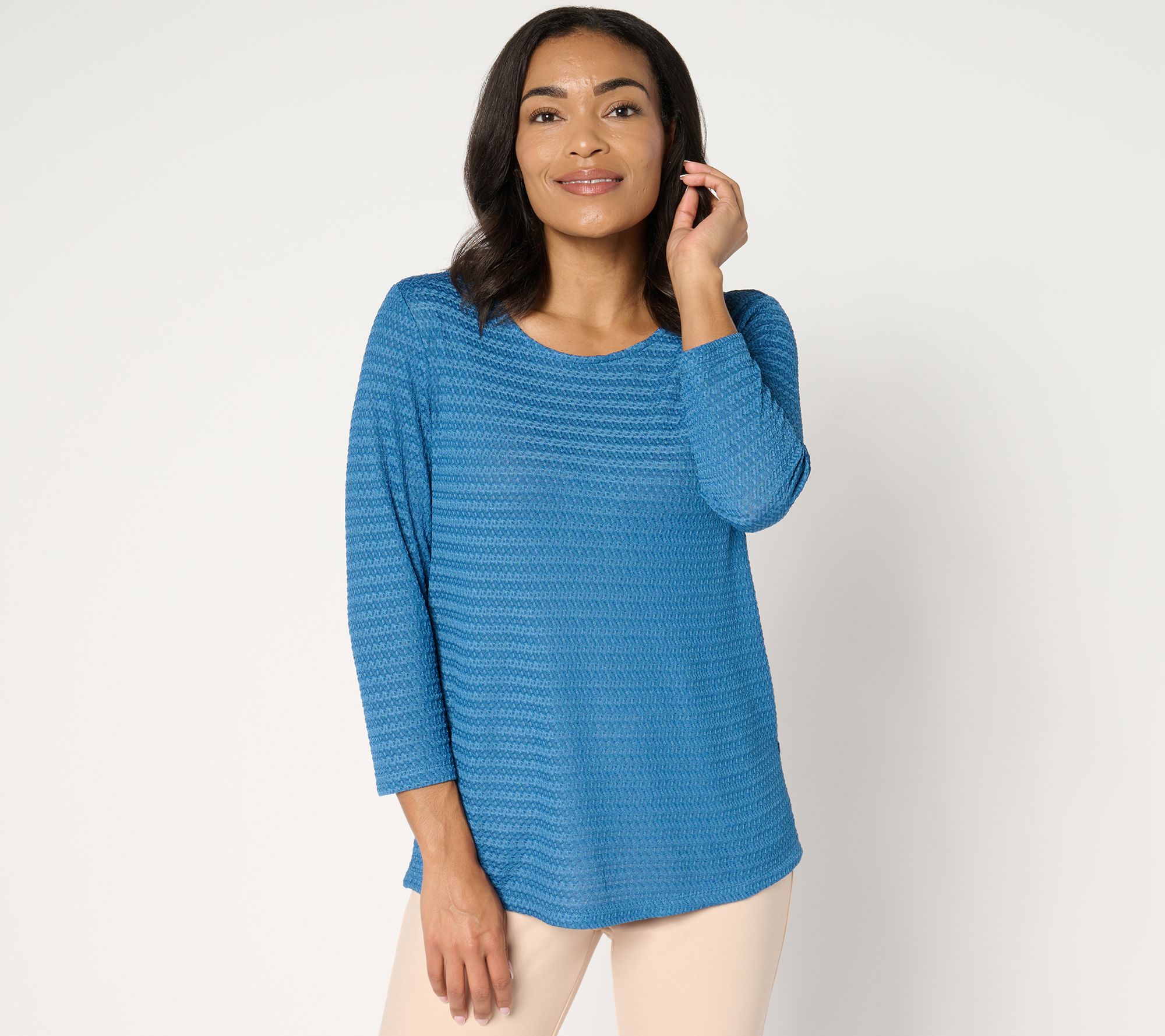 "As Is" Susan Graver Novelty Knit Scoop Neck Top with 3/4 Sleeves