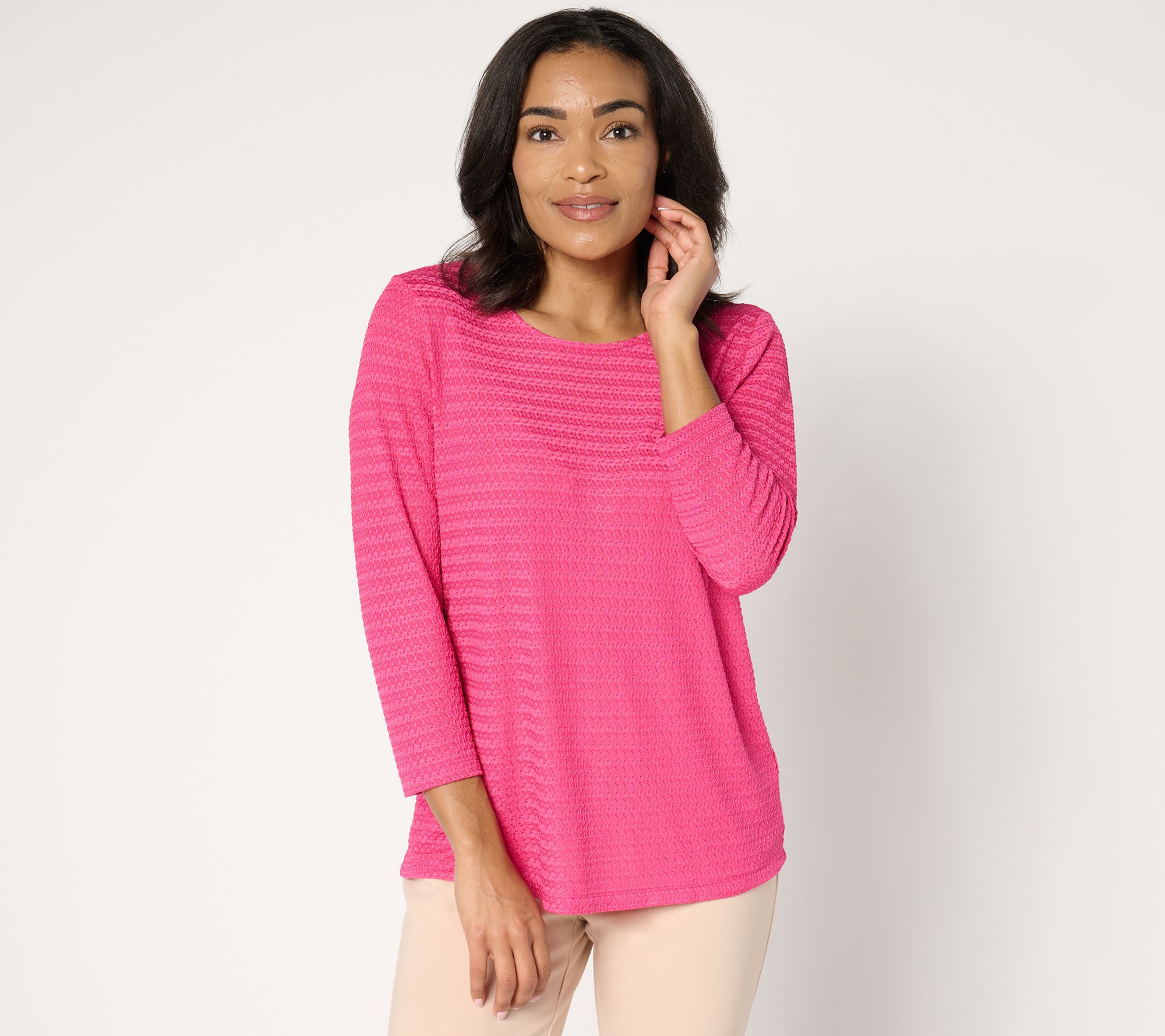 "As Is" Susan Graver Novelty Knit Scoop Neck Top with 3/4 Sleeves