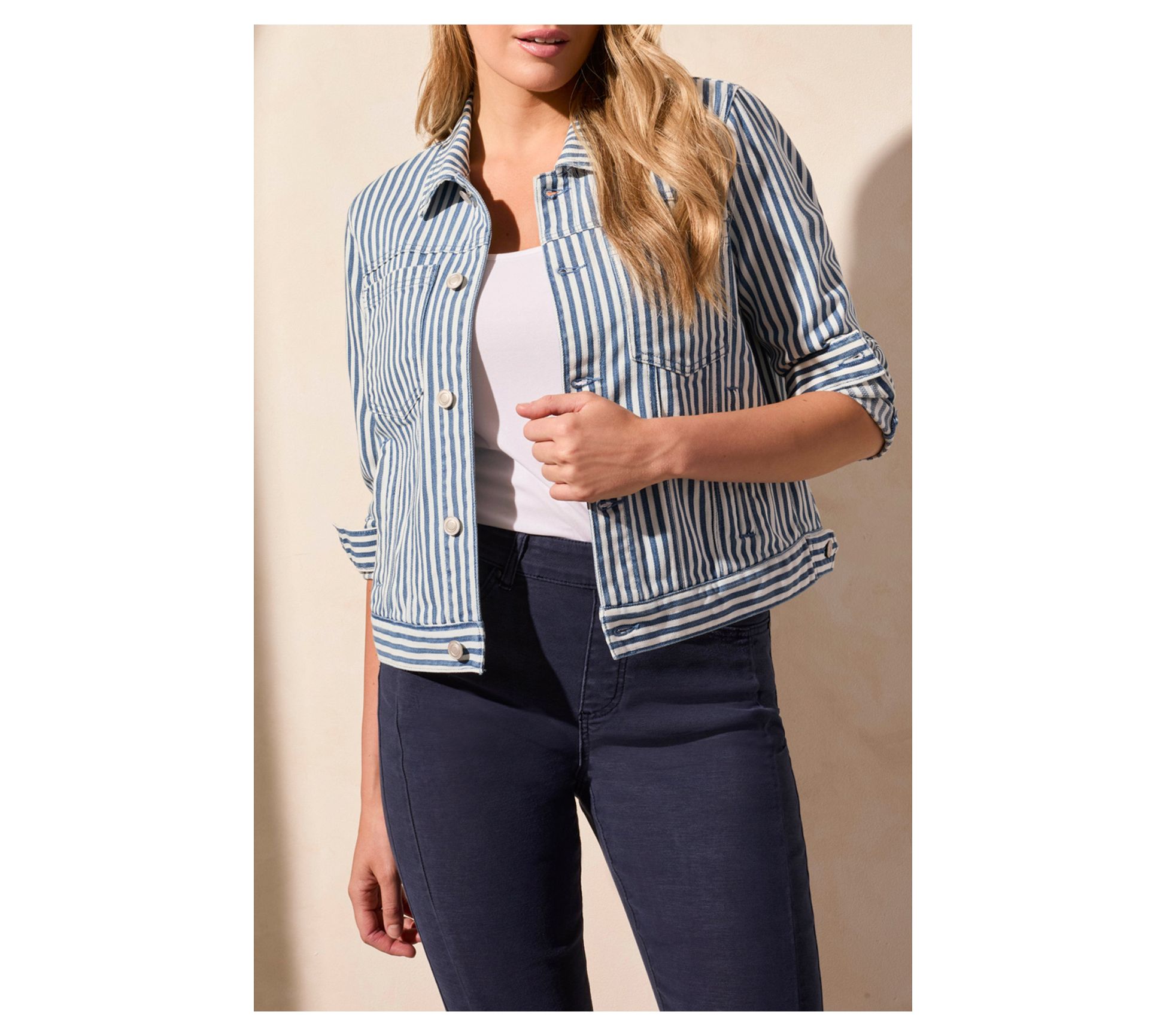 Tribal Railroad Stripe Button-Front Jacket WithBox Pleat Back