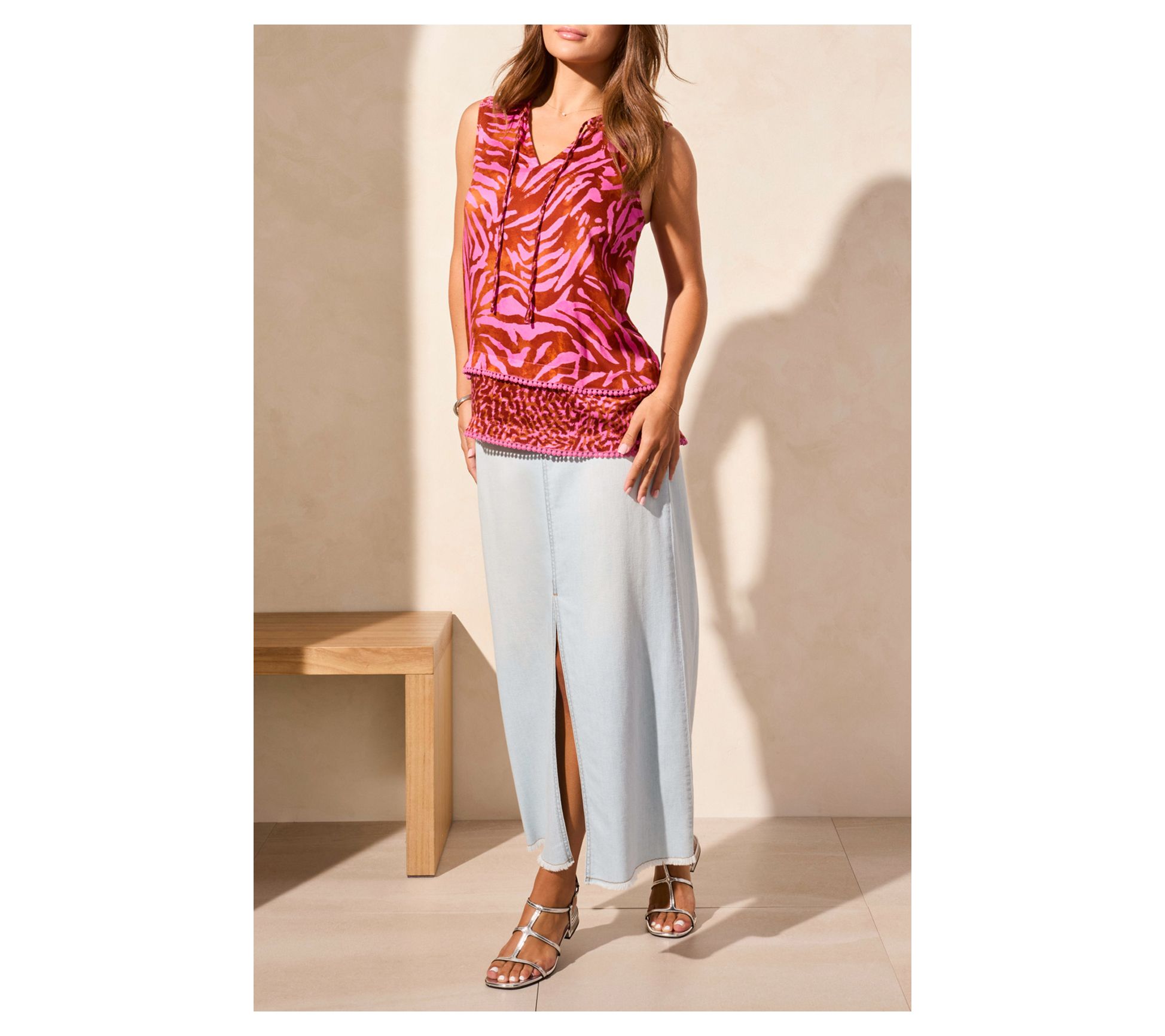 Tribal Sleeveless Notch Neck Blouse With Contrast Trim