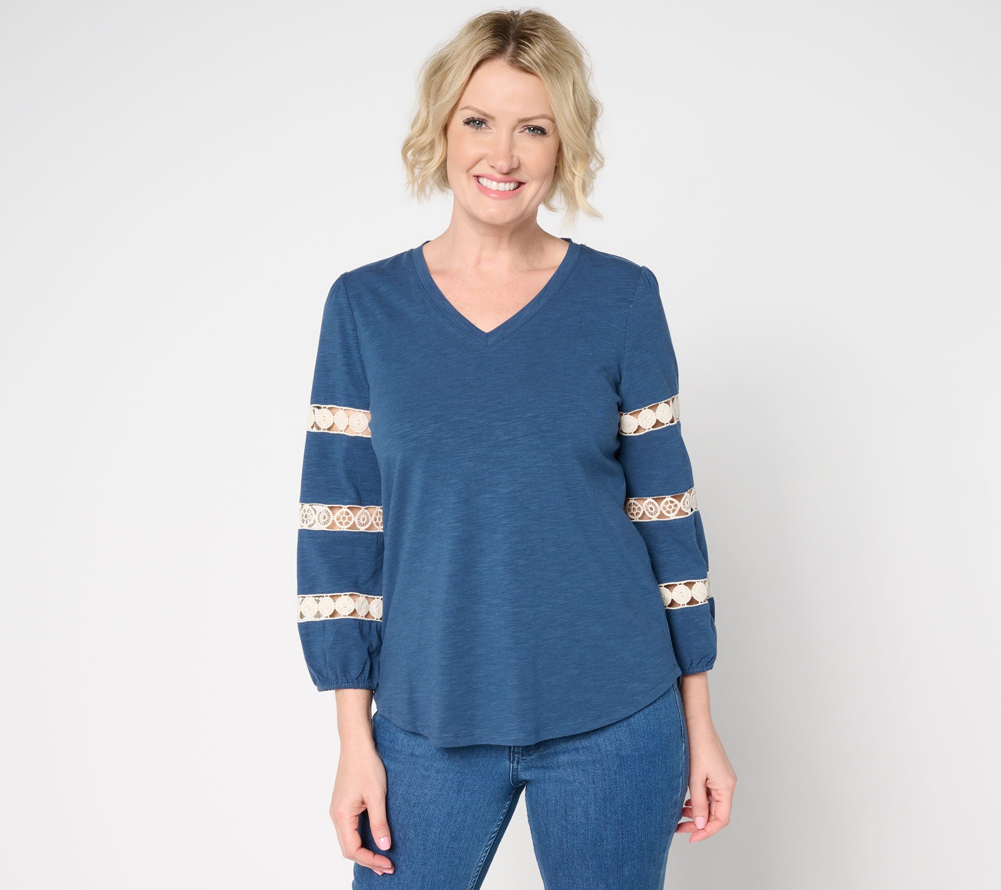 "As Is" Belle by Kim Gravel Safari and Away Slub Knit Open Trim Top