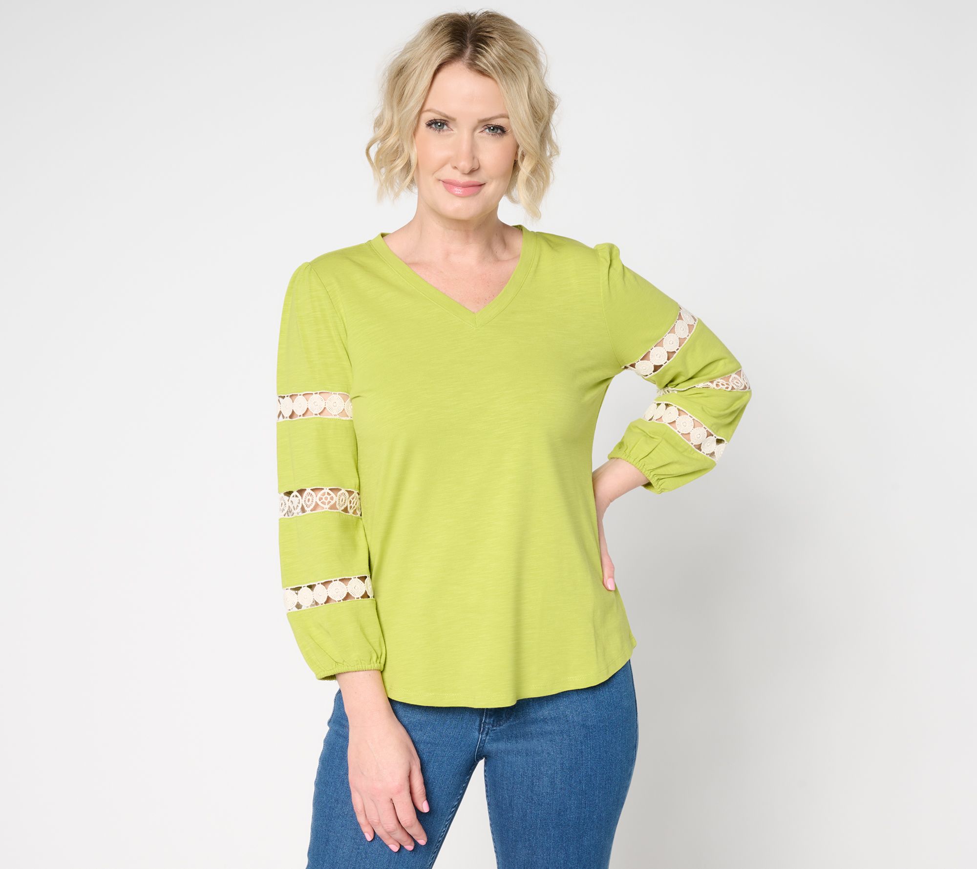 "As Is" Belle by Kim Gravel Safari and Away Slub Knit Open Trim Top