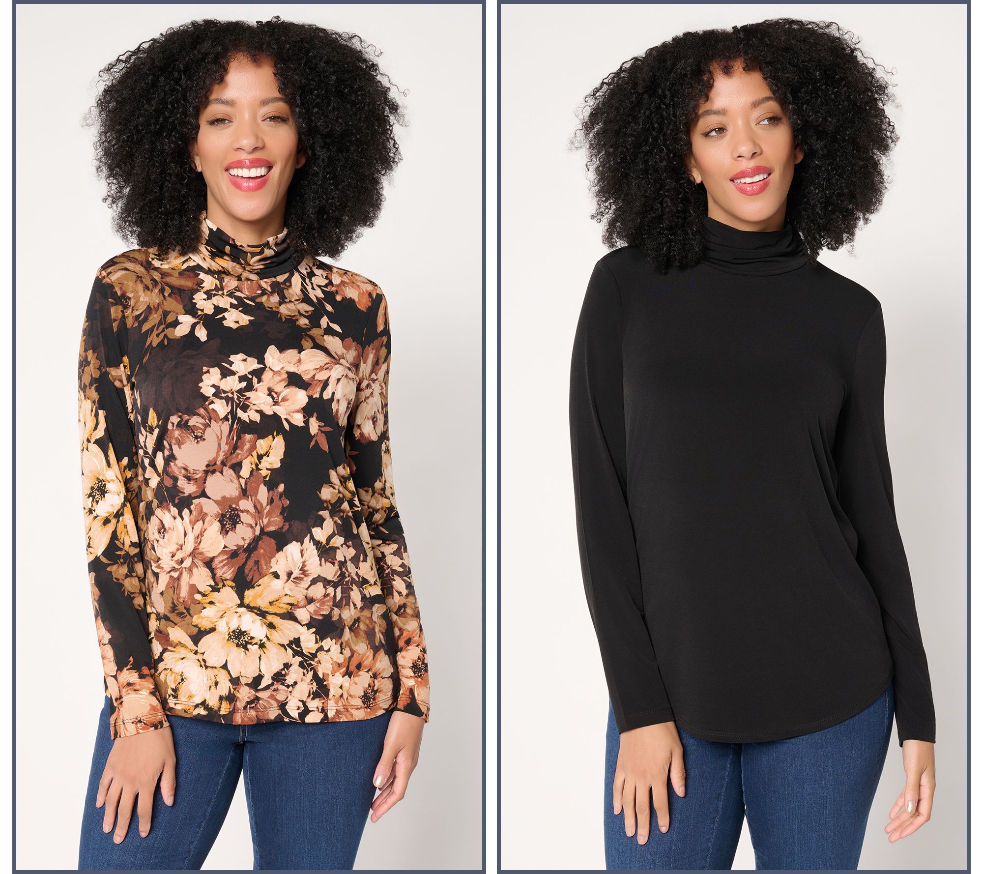 Susan Graver Set of 2 Liquid Knit Print & SolId Turtleneck Tops