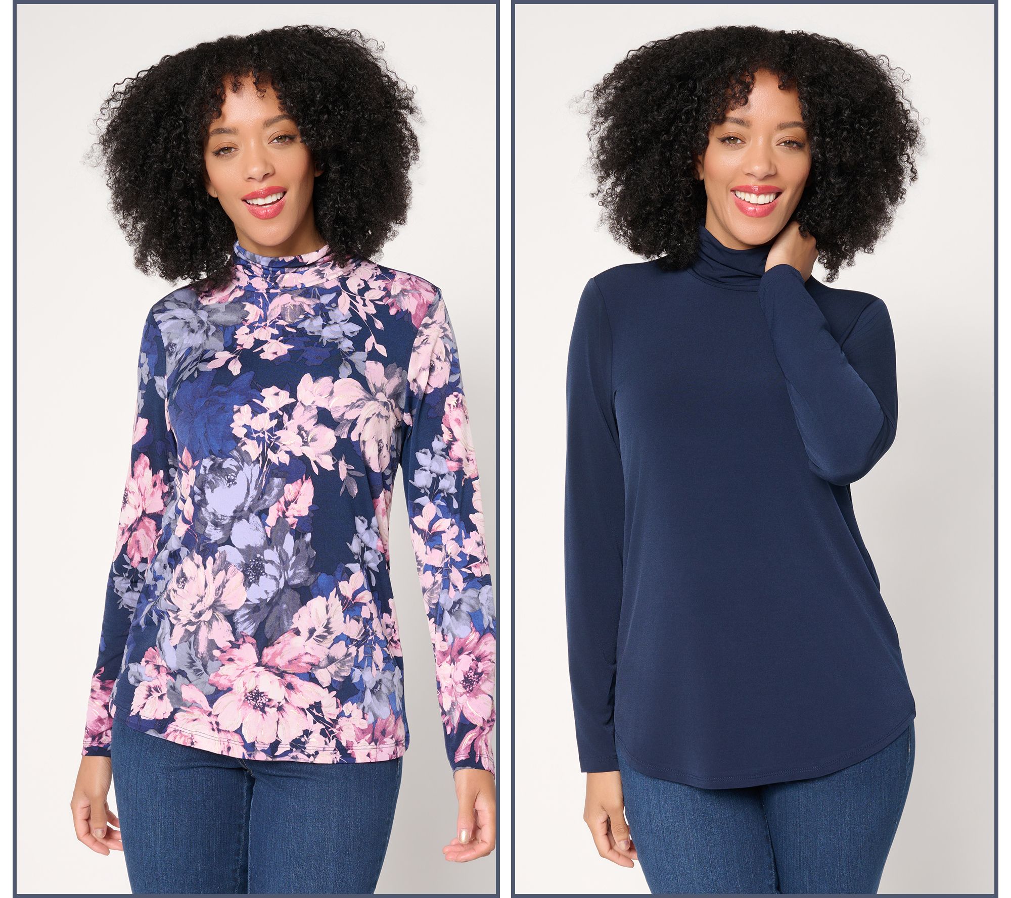 Susan Graver Set of 2 Liquid Knit Print & SolId Turtleneck Tops
