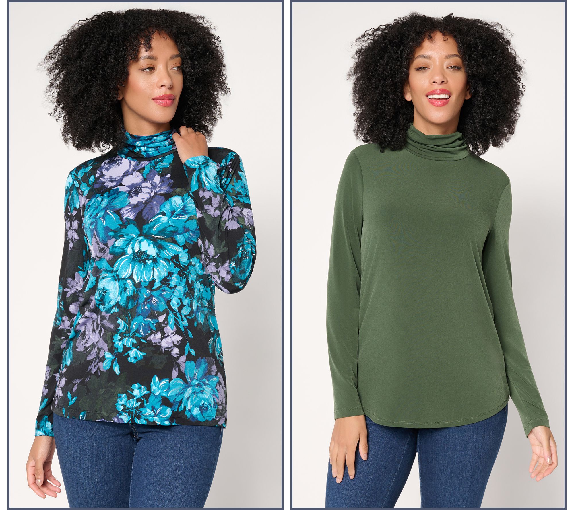 Susan Graver Set of 2 Liquid Knit Print & SolId Turtleneck Tops