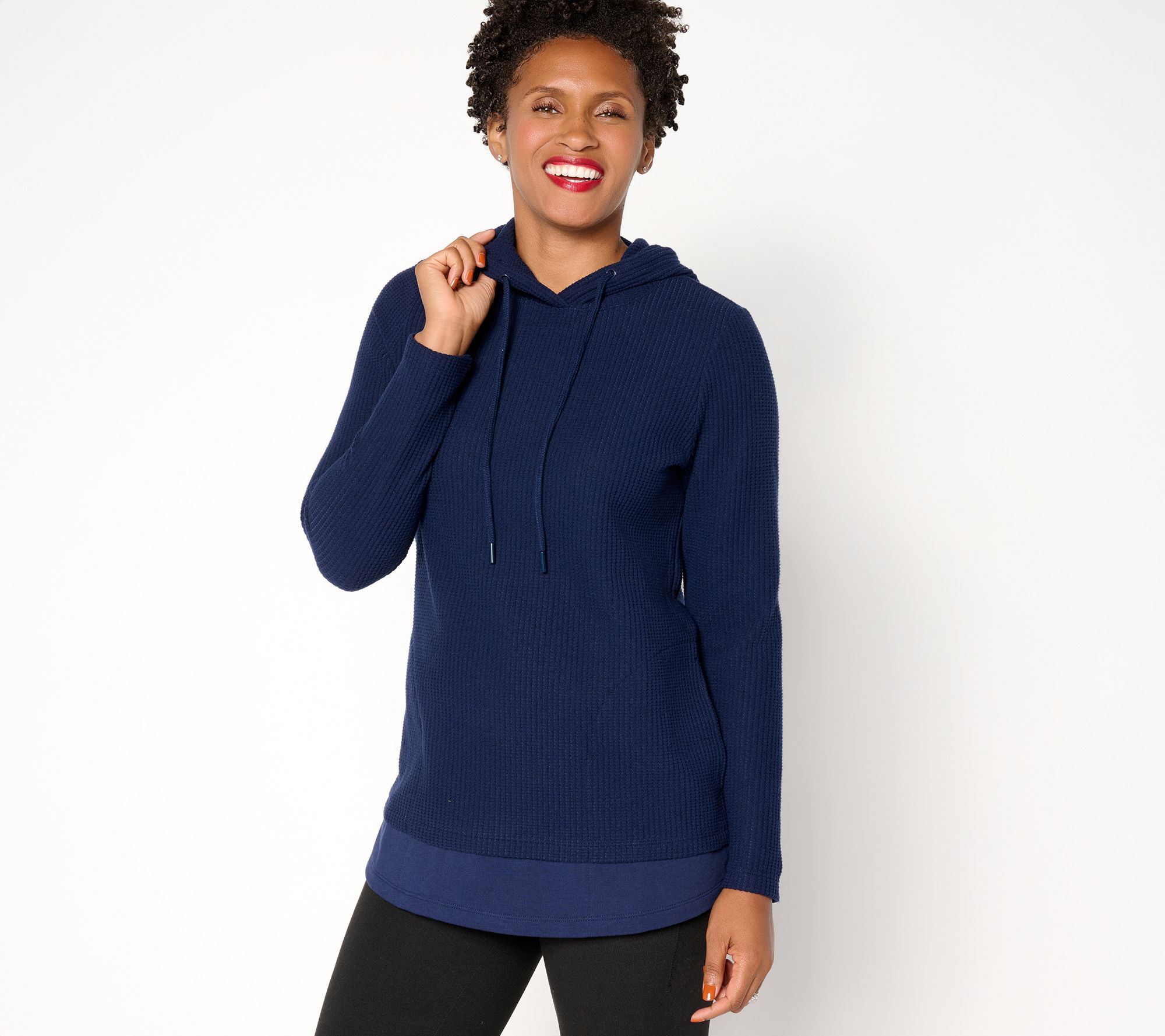 Denim & Co. Active Waffle Knit Mixed Media Hooded Pullover