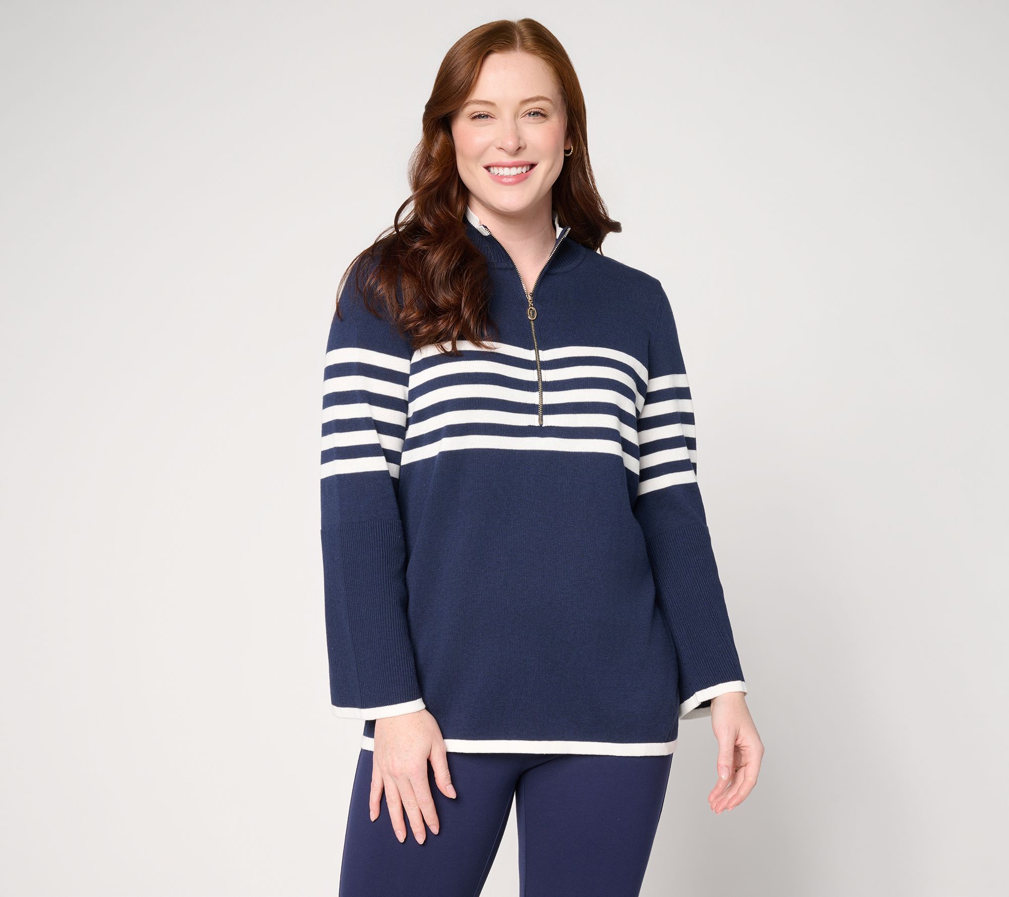 Belle by Kim Gravel Spectator Chic Striped Half Zip Sweater