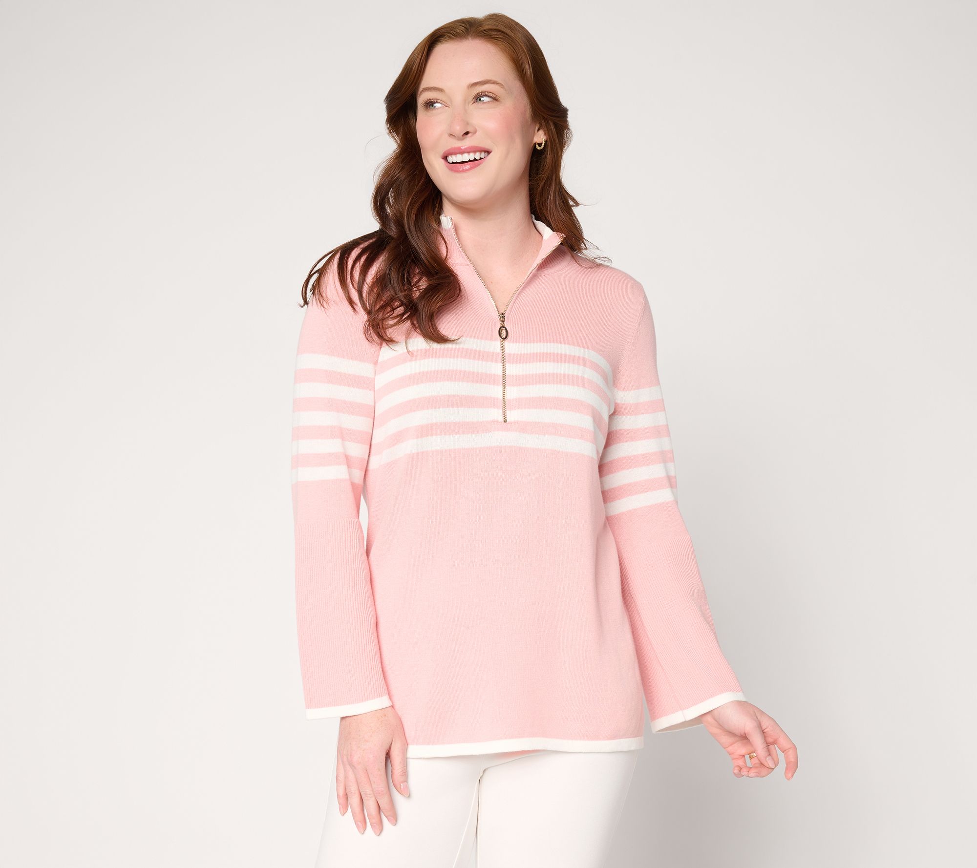 Belle by Kim Gravel Spectator Chic Striped Half Zip Sweater