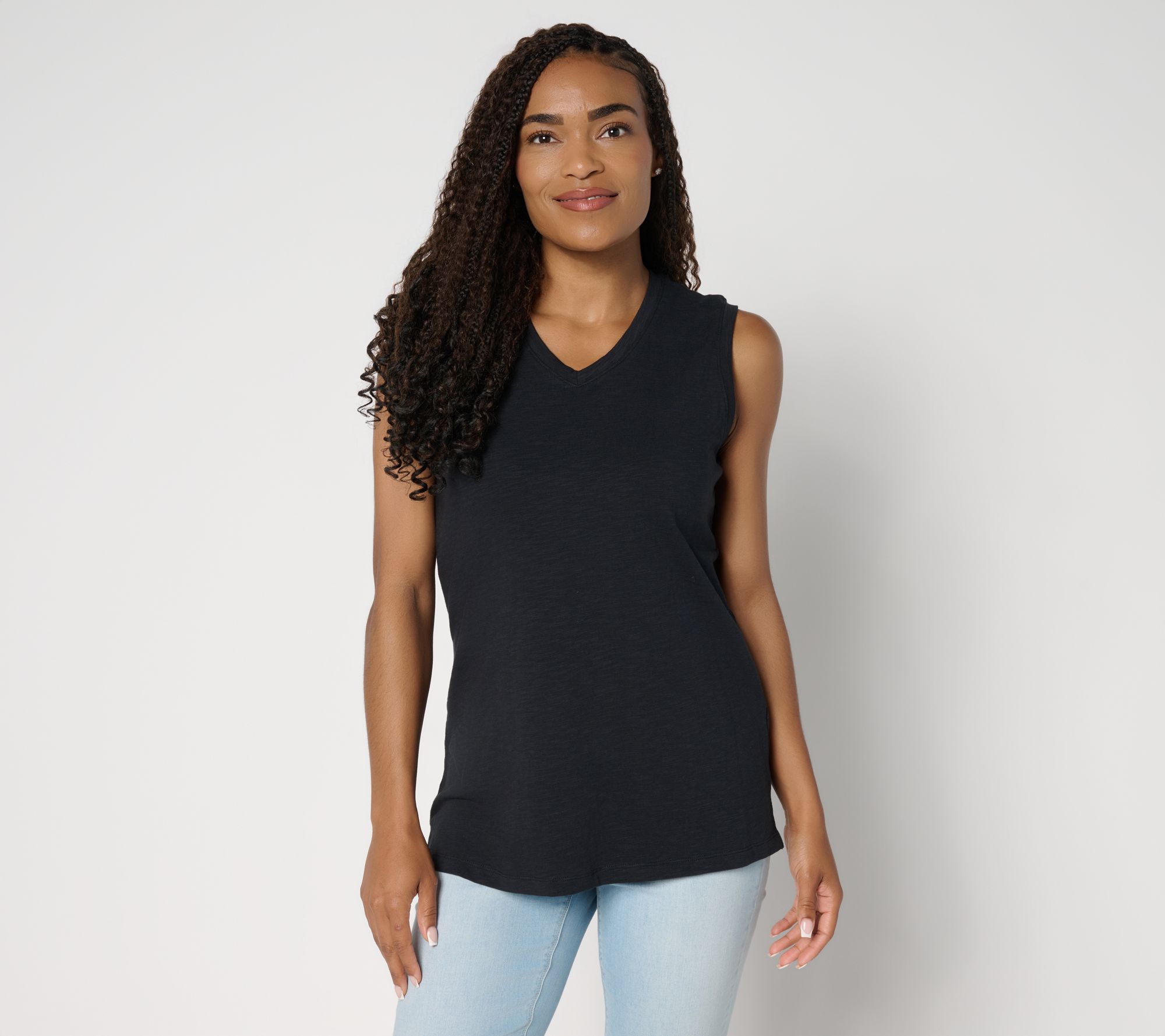 "As Is" Denim & Co. Essentials Textured Knit Double V-Neck Tank Top