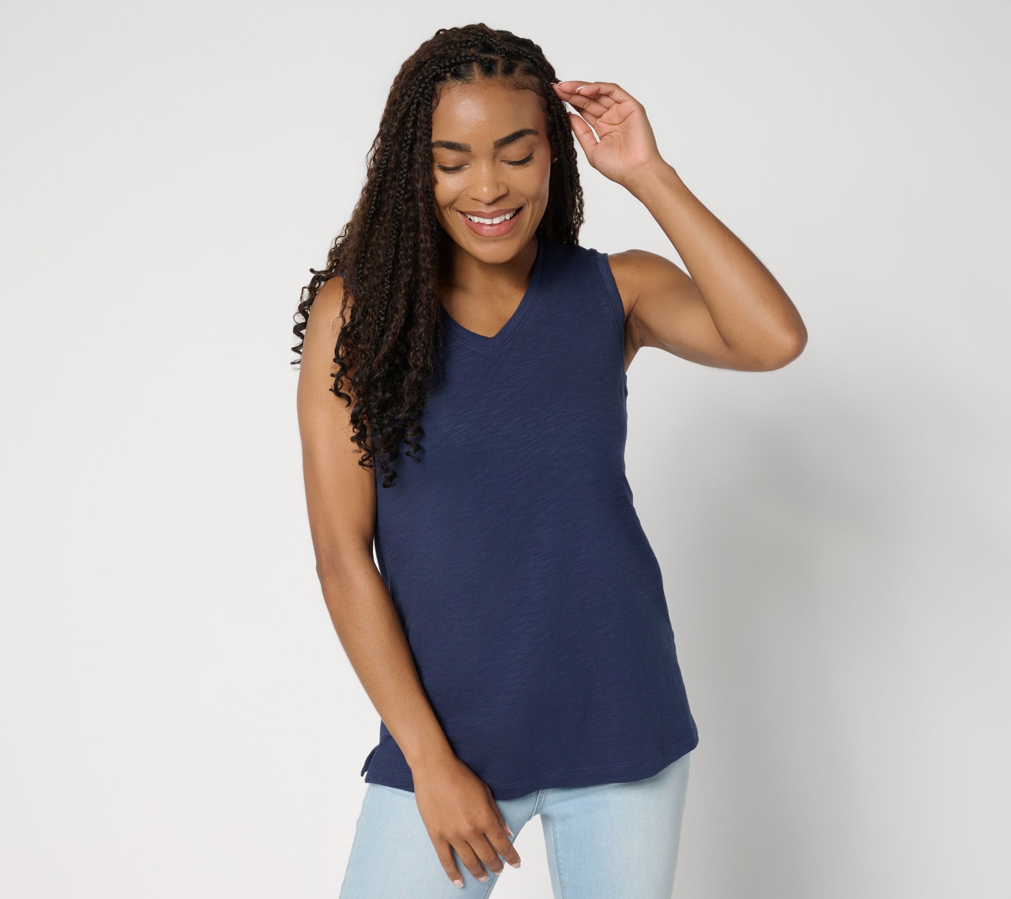 "As Is" Denim & Co. Essentials Textured Knit Double V-Neck Tank Top