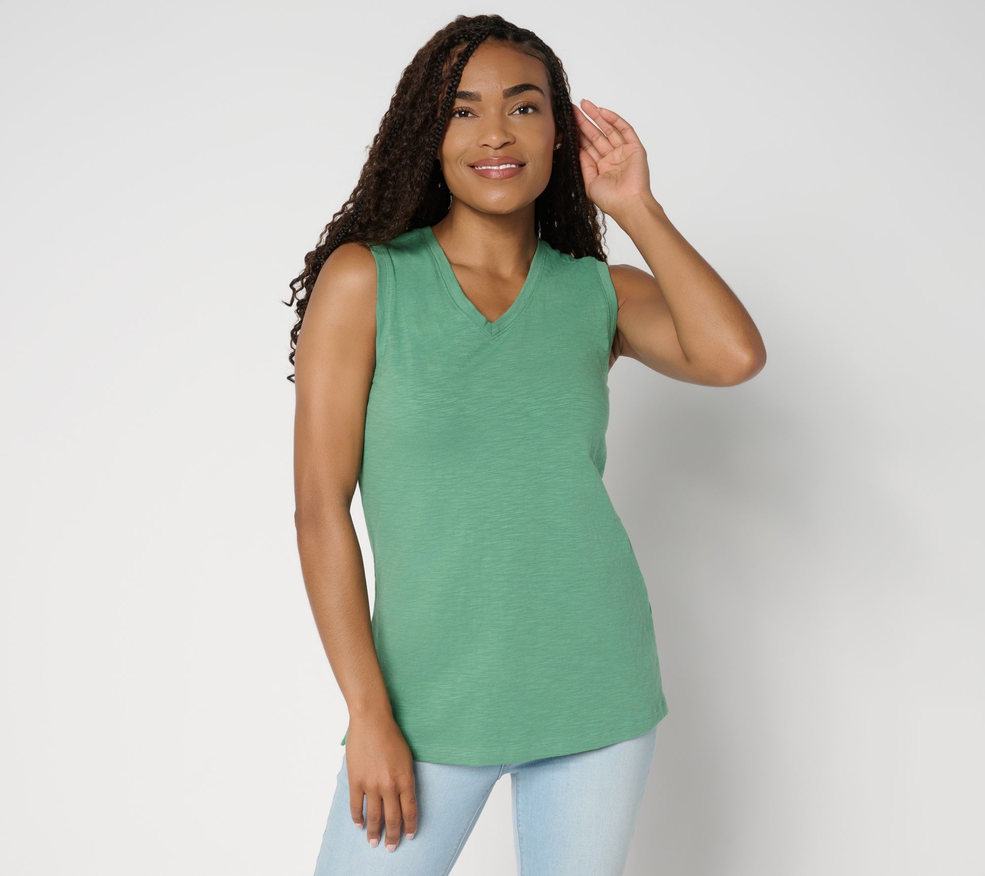 "As Is" Denim & Co. Essentials Textured Knit Double V-Neck Tank Top