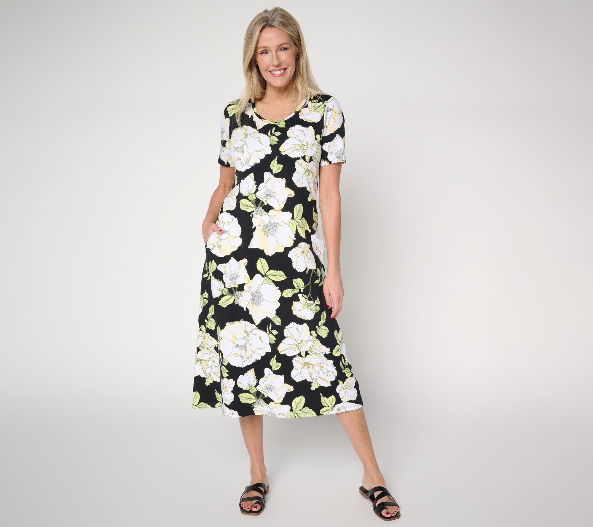 Denim & Co. Beach Jersey Petite Midi Dress with Pockets