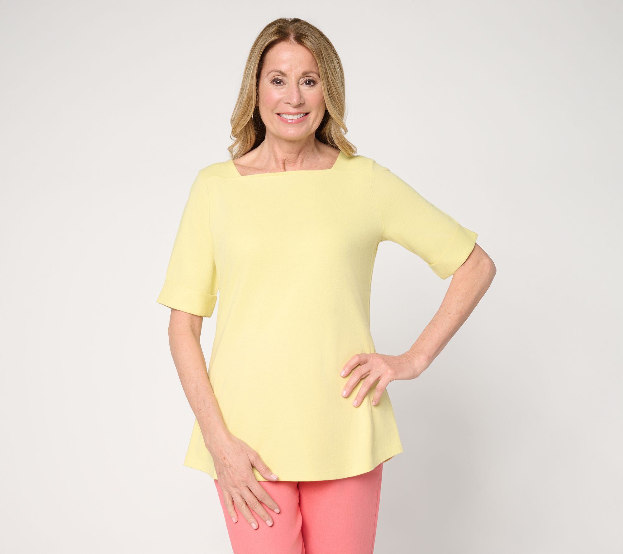 Denim & Co. Essentials True Cotton Elbow Sleeve Boat Neck Top