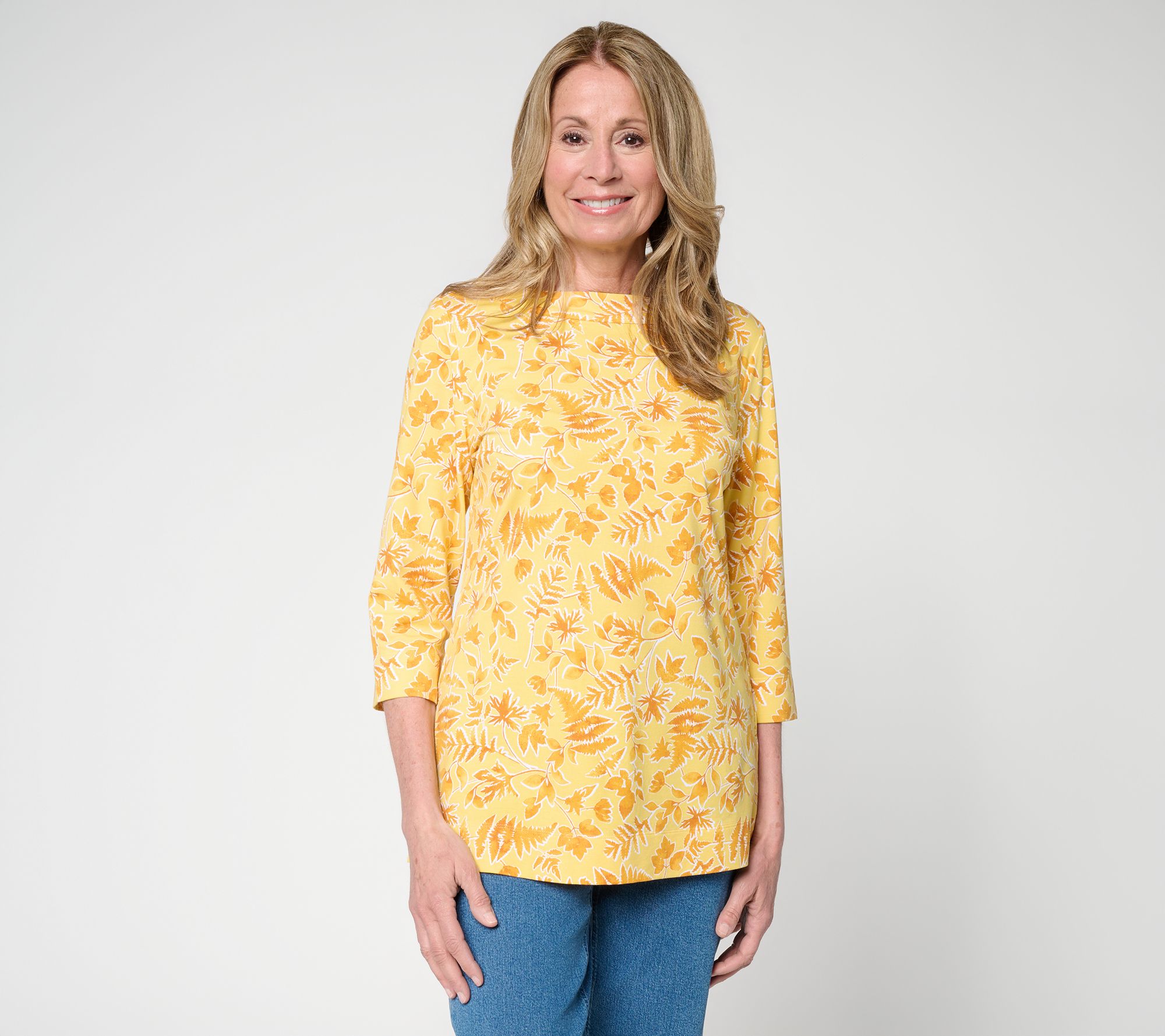 Denim & Co. Printed So Soft Jersey 3/4 Sleeve Boat Neck Top