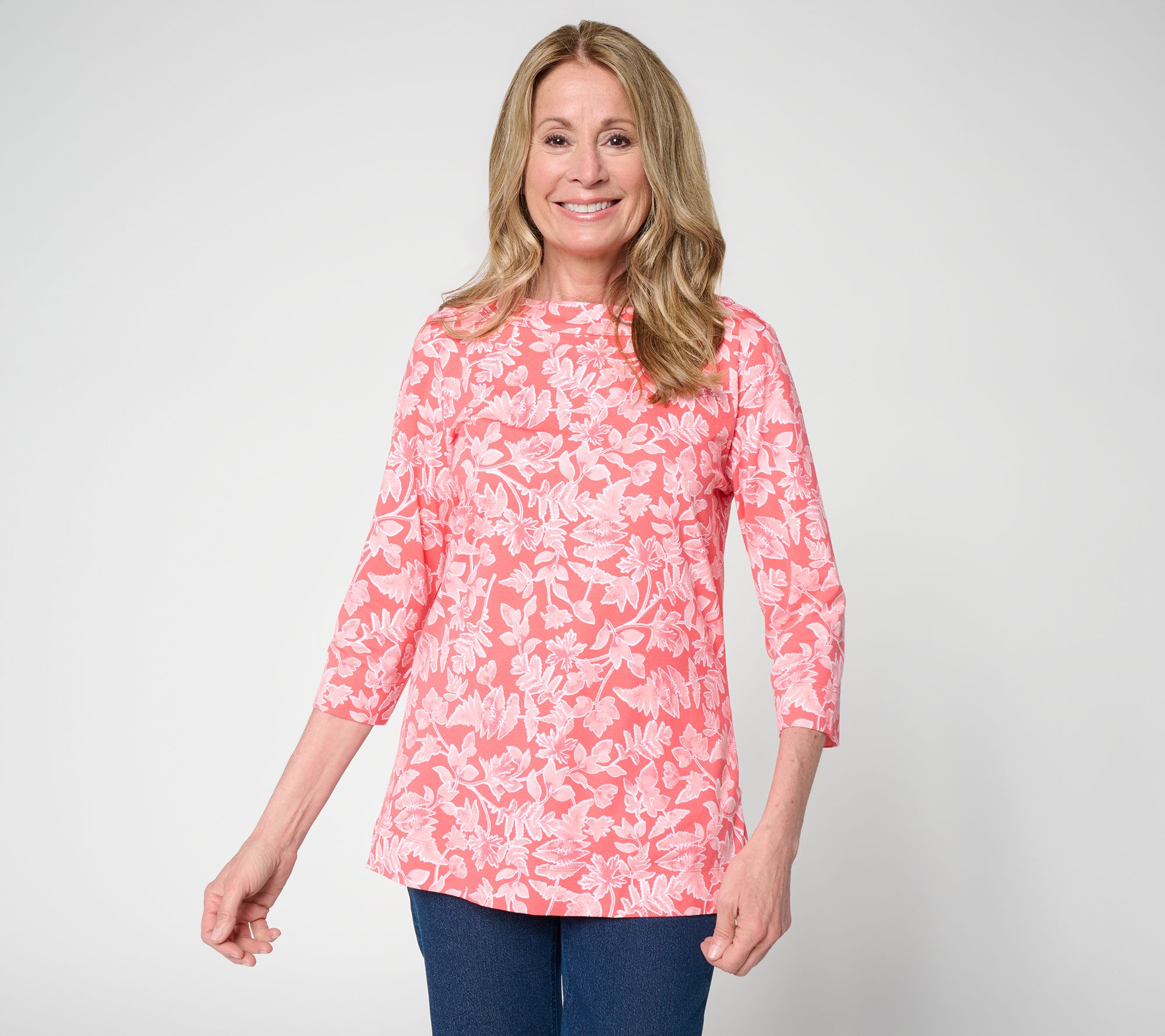 Denim & Co. Printed So Soft Jersey 3/4 Sleeve Boat Neck Top