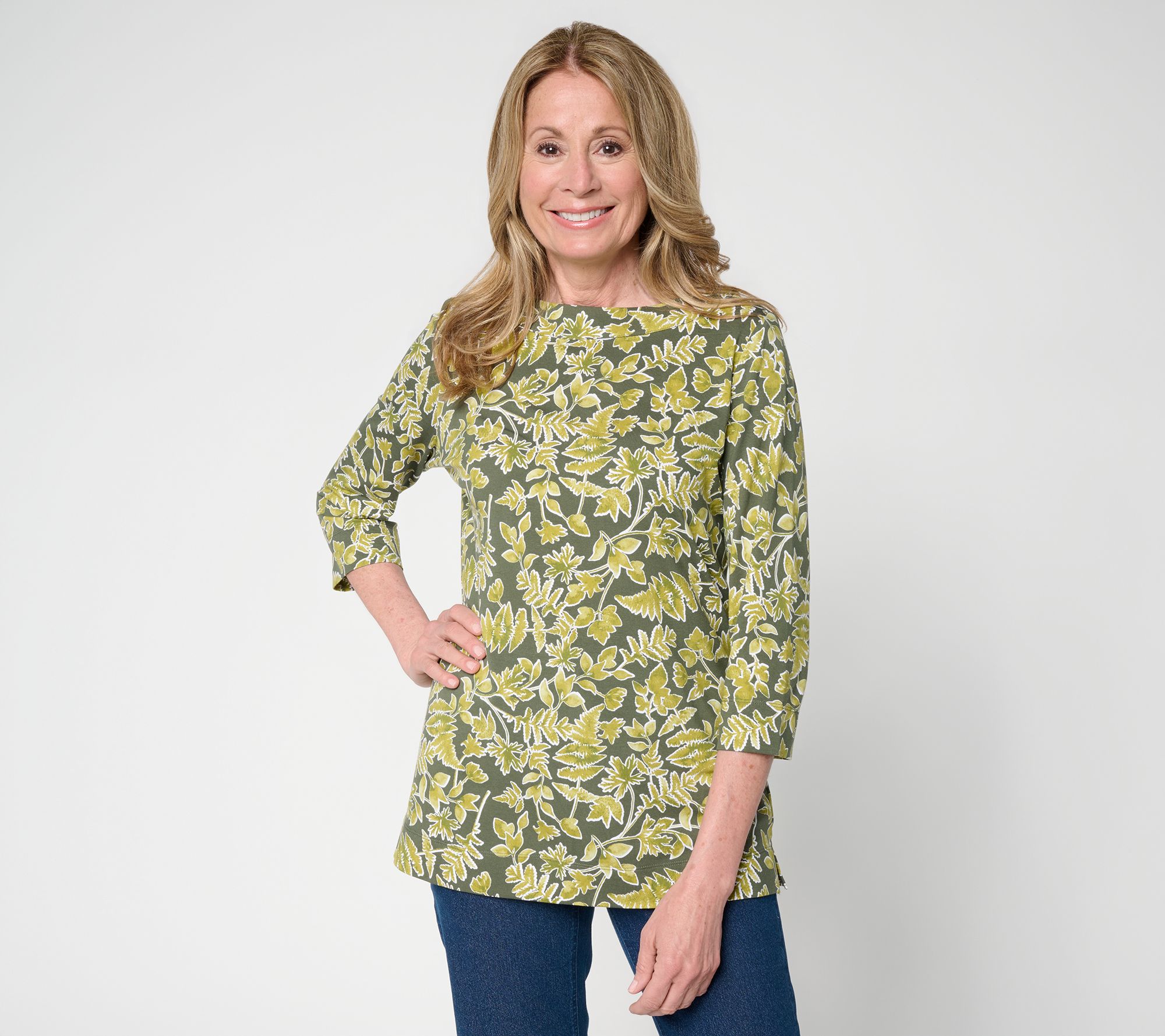 Denim & Co. Printed So Soft Jersey 3/4 Sleeve Boat Neck Top