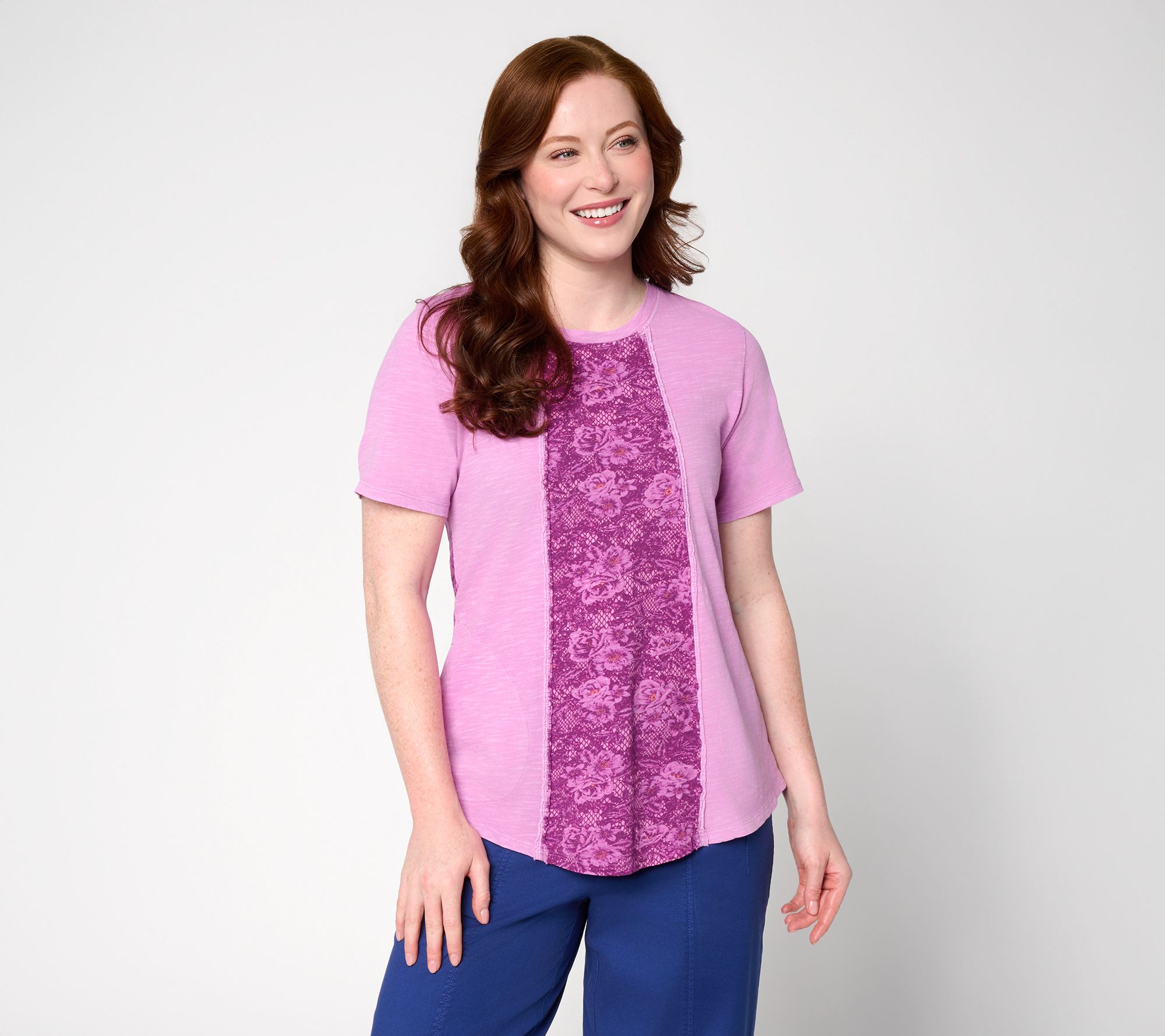 LOGO by Lori Goldstein 100% Cotton Patchwork Top w/ Curved Hem