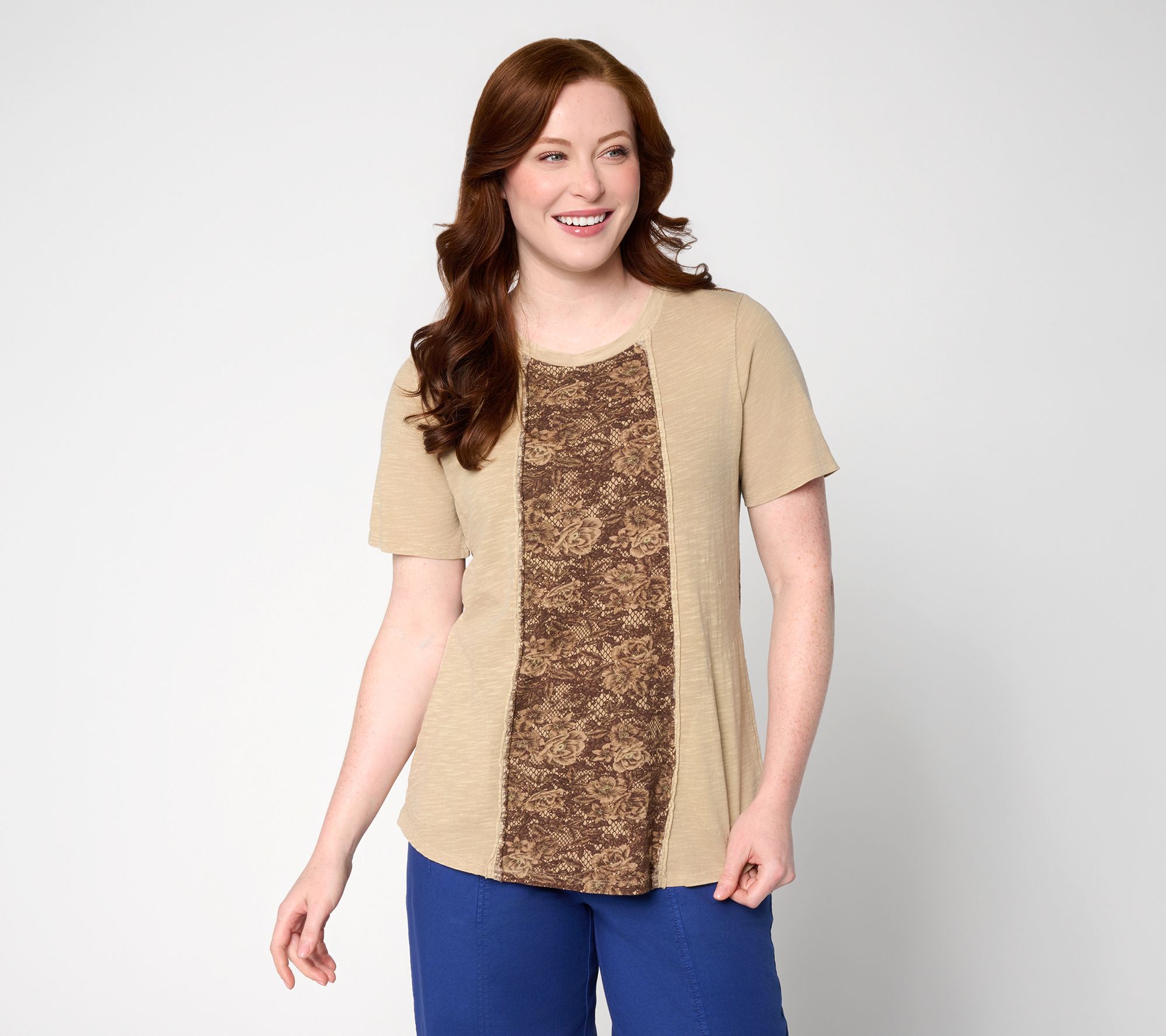 LOGO by Lori Goldstein 100% Cotton Patchwork Top w/ Curved Hem