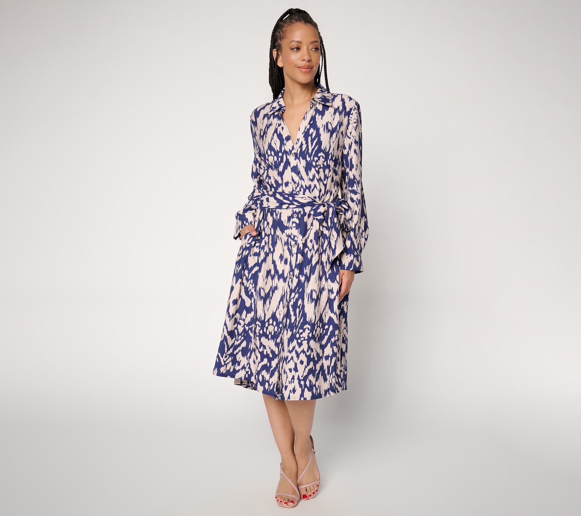 Dennis Basso Petite Drapy Ikat Button Front Shirt Dress