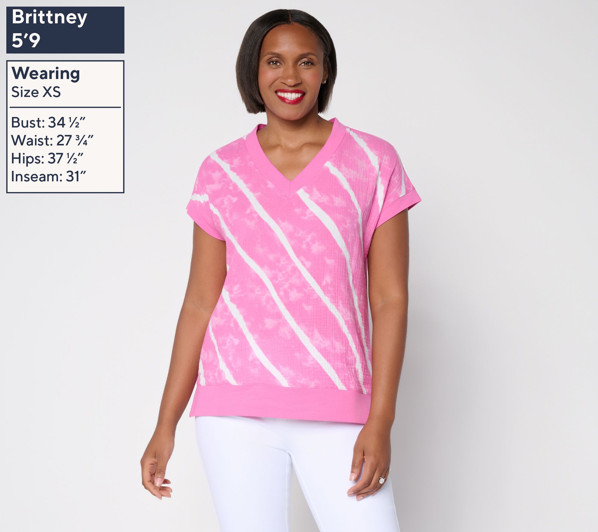 Belle Beach By Kim Gravel Gauze Front French Terry Back V Neck Top