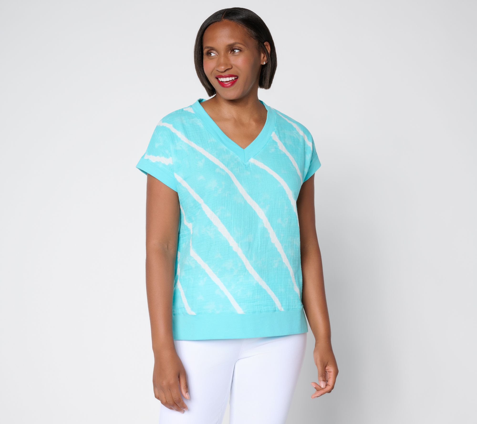 Belle Beach By Kim Gravel Gauze Front French Terry Back V Neck Top