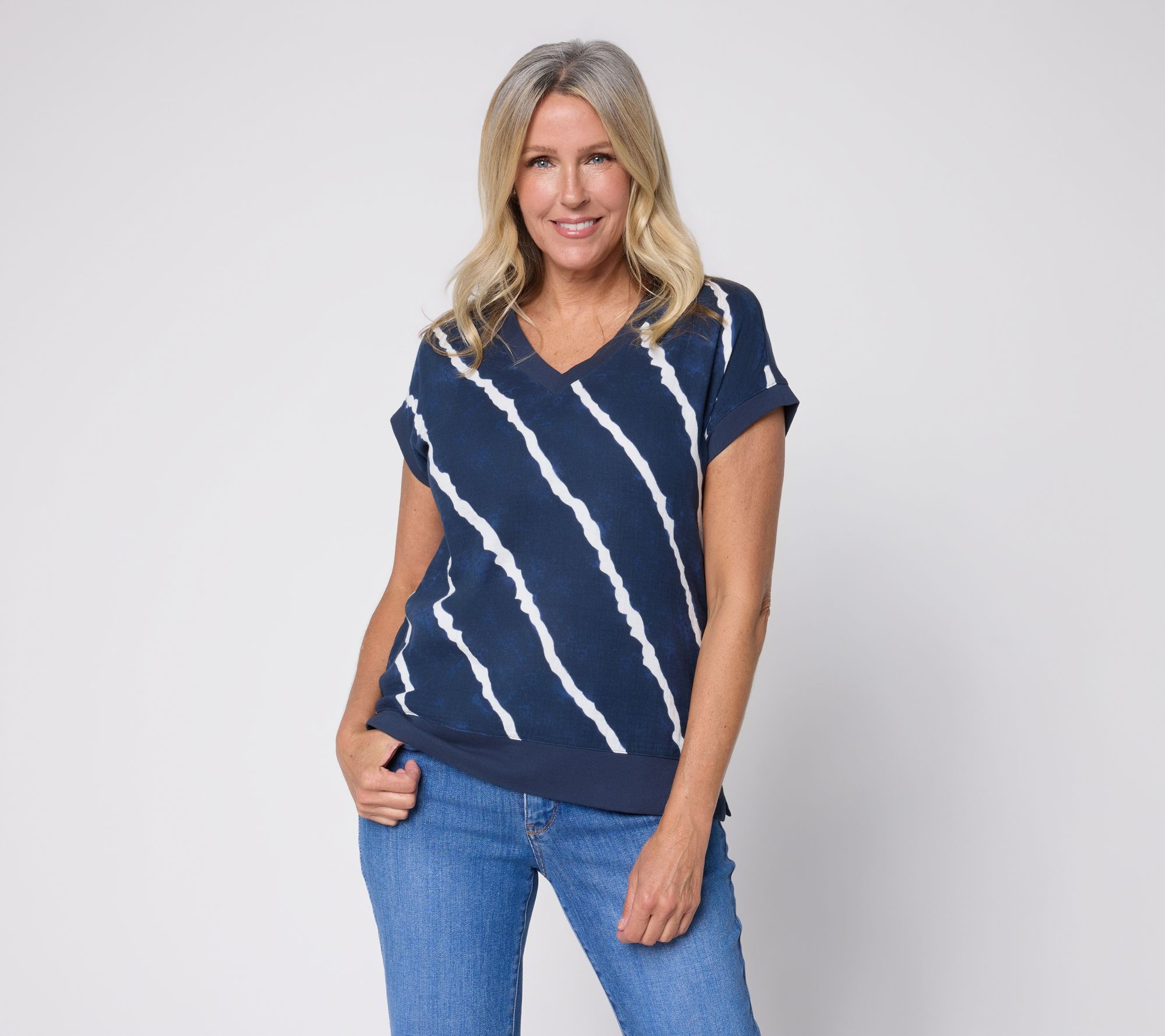 Belle Beach By Kim Gravel Gauze Front French Terry Back V Neck Top