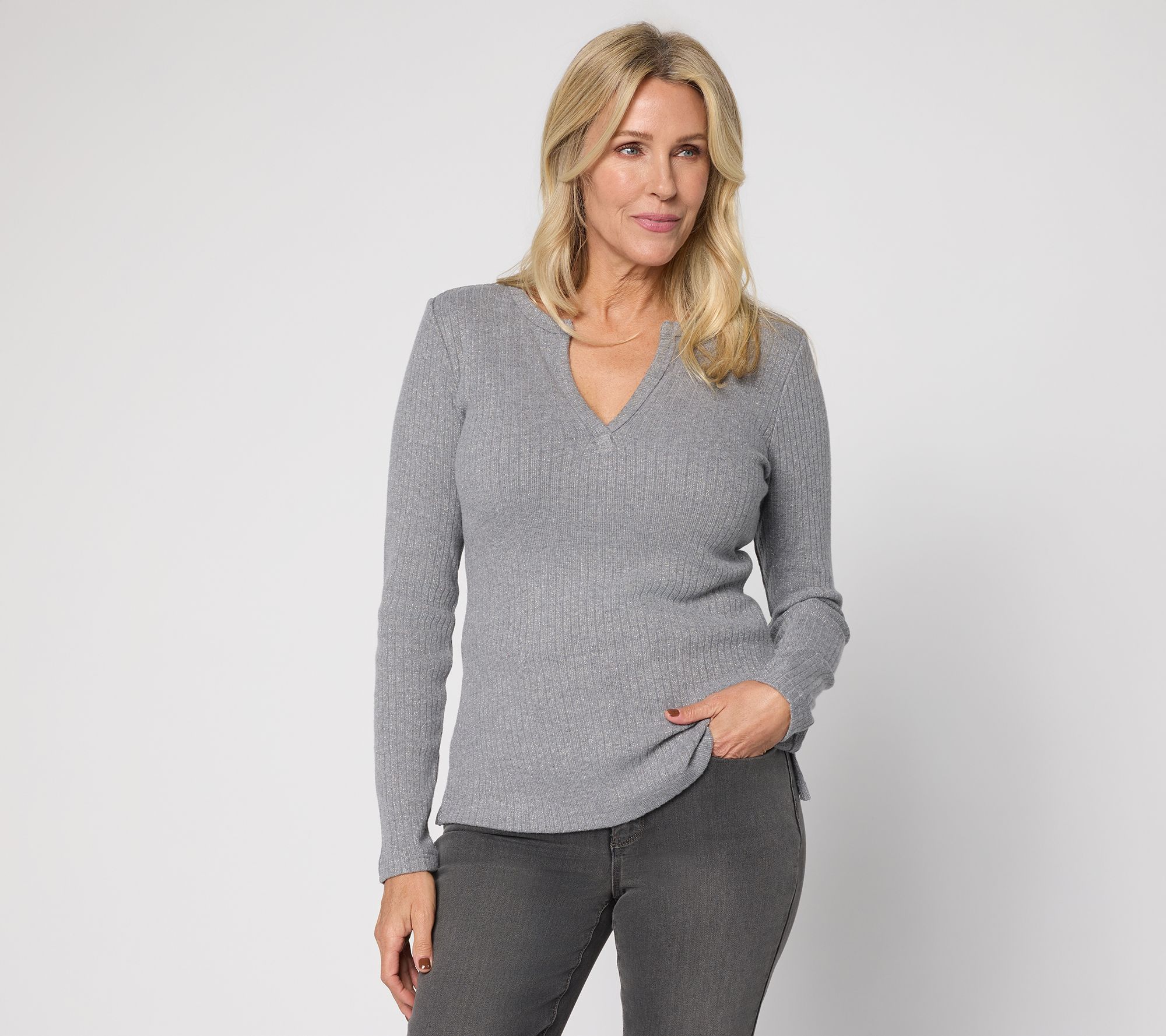 "As Is" NYDJ Split V-Neck Lurex Long-Sleeve Sweater