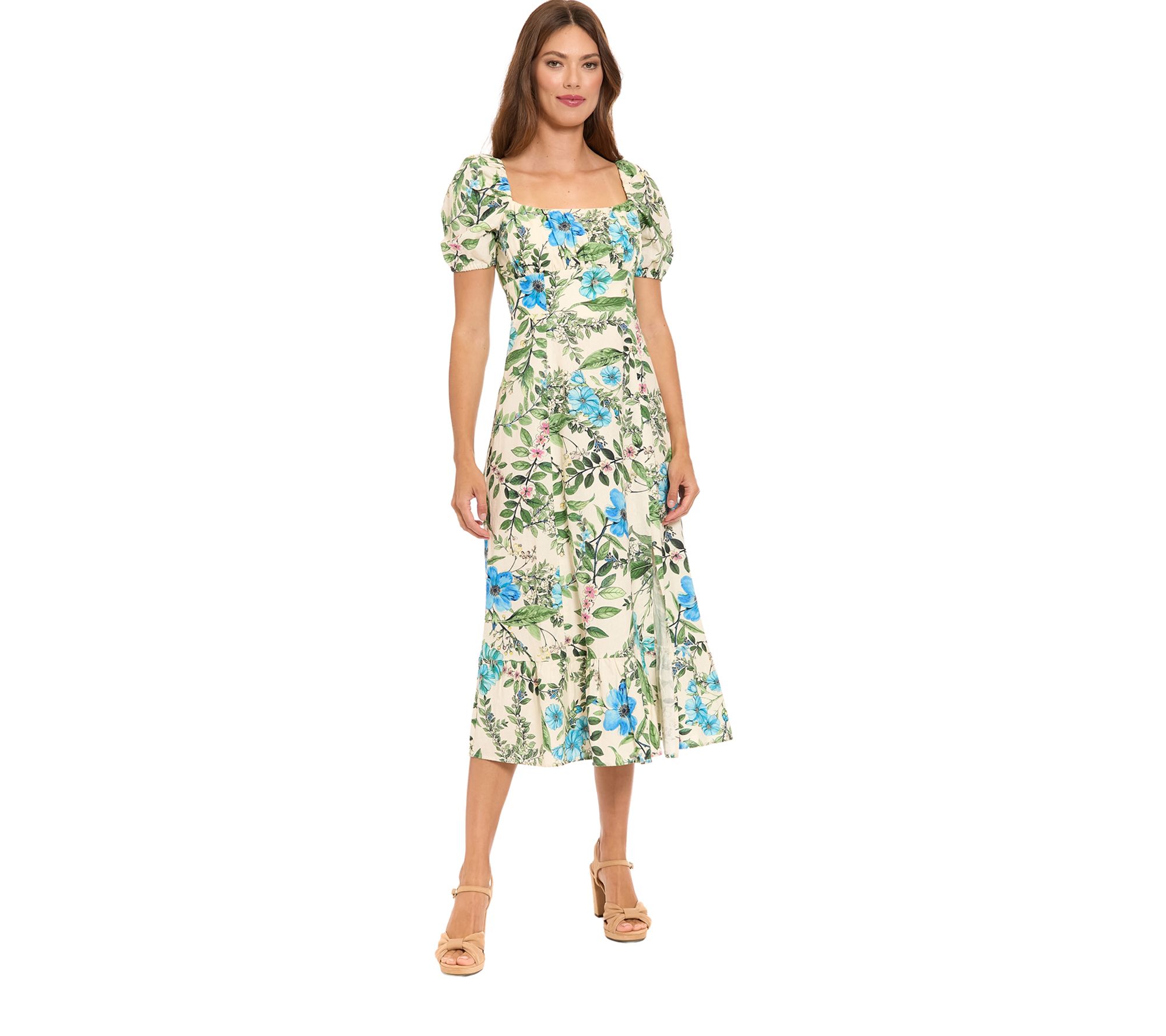 London Times Puff Sleeve Square Neck Empire Smocked Midi Dress