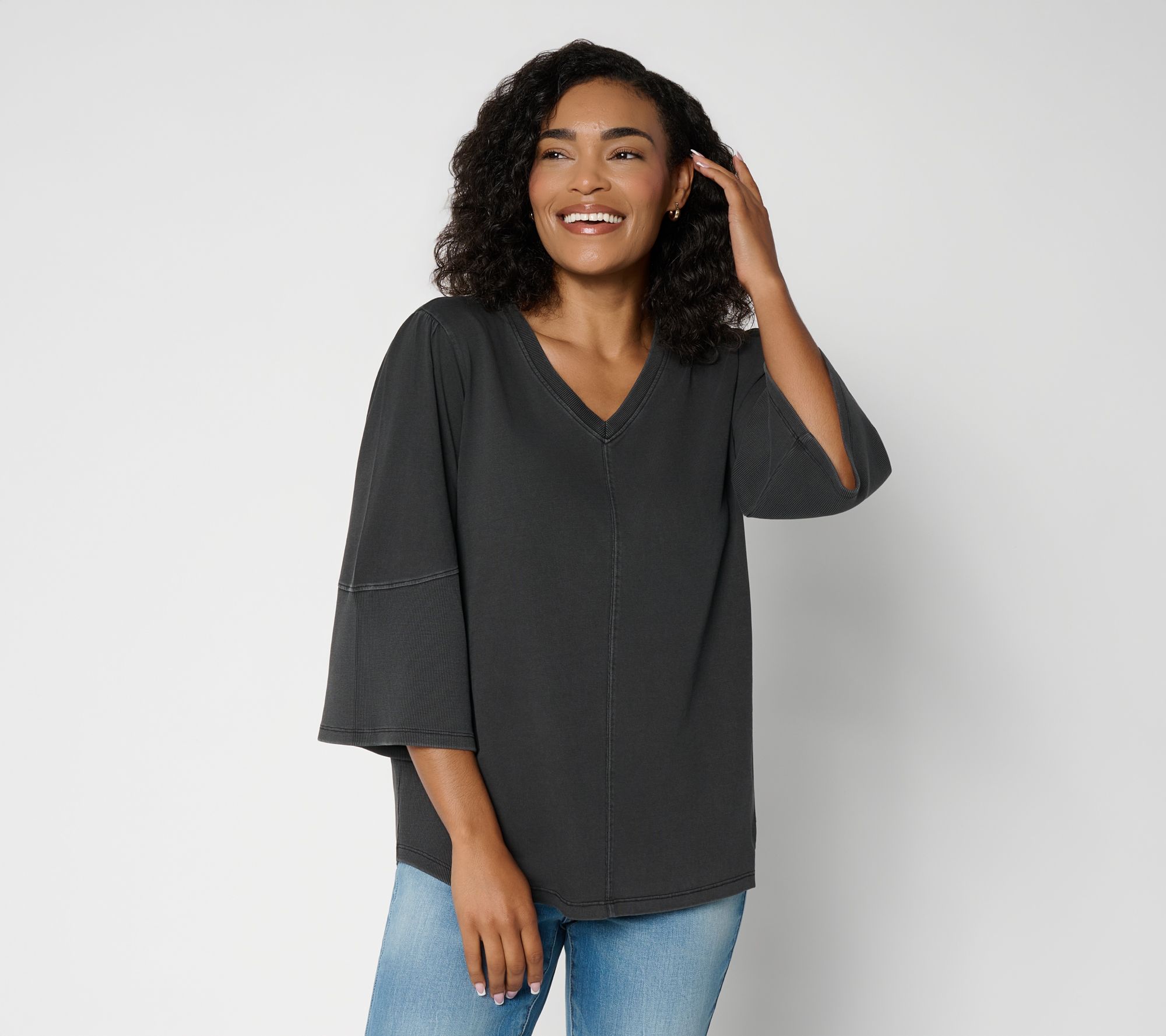  AnyBody Washed Cotton & Rib Mixed 3/4 Sleeve Top