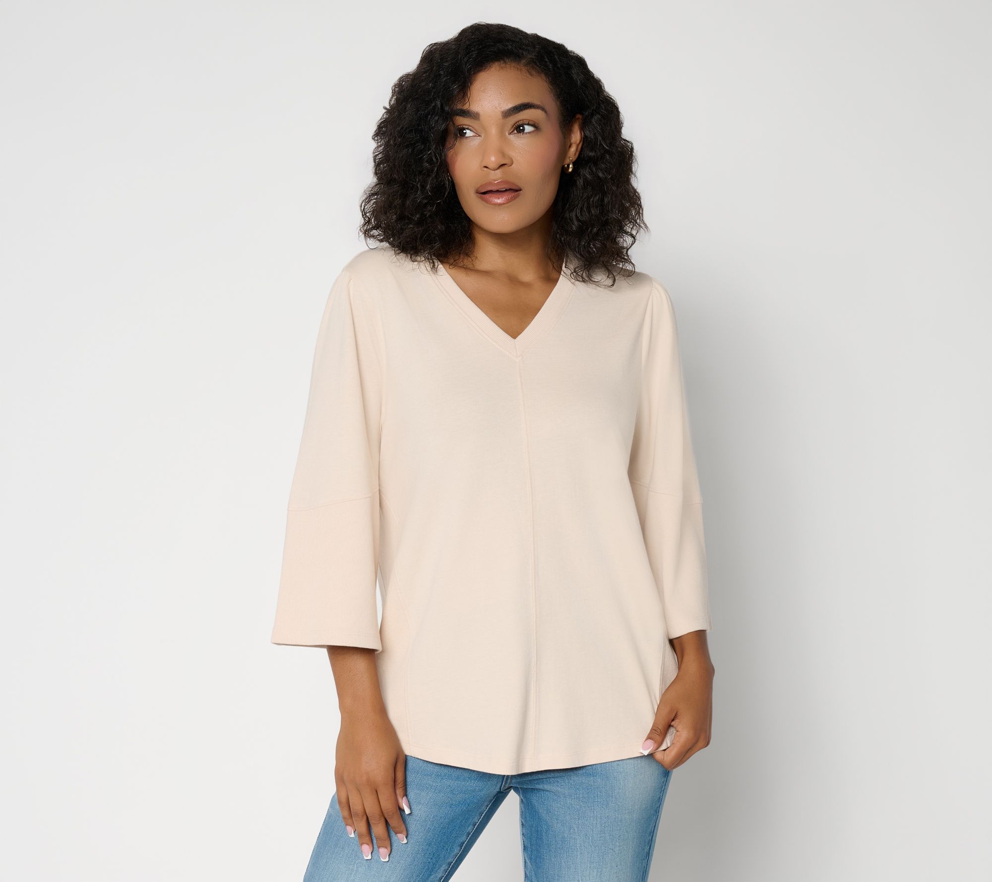 AnyBody Washed Cotton & Rib Mixed 3/4 Sleeve Top