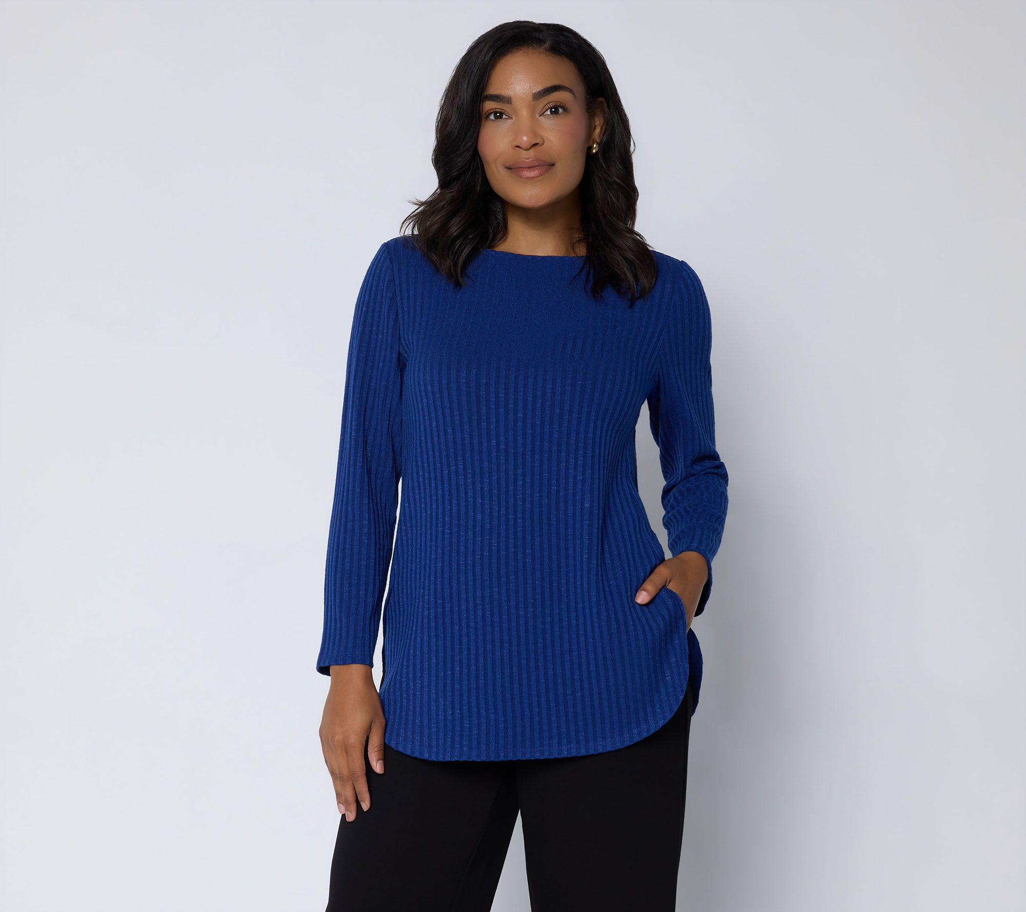 Susan Graver Petite Sweater Rib Knit Bateau Neck Tulip Hem Top