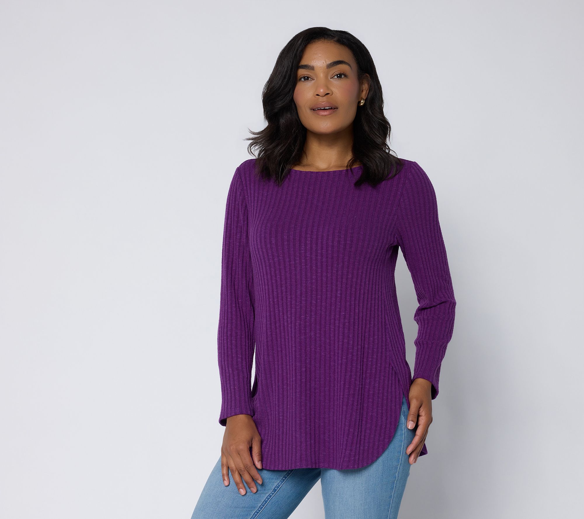 Susan Graver Petite Sweater Rib Knit Bateau Neck Tulip Hem Top
