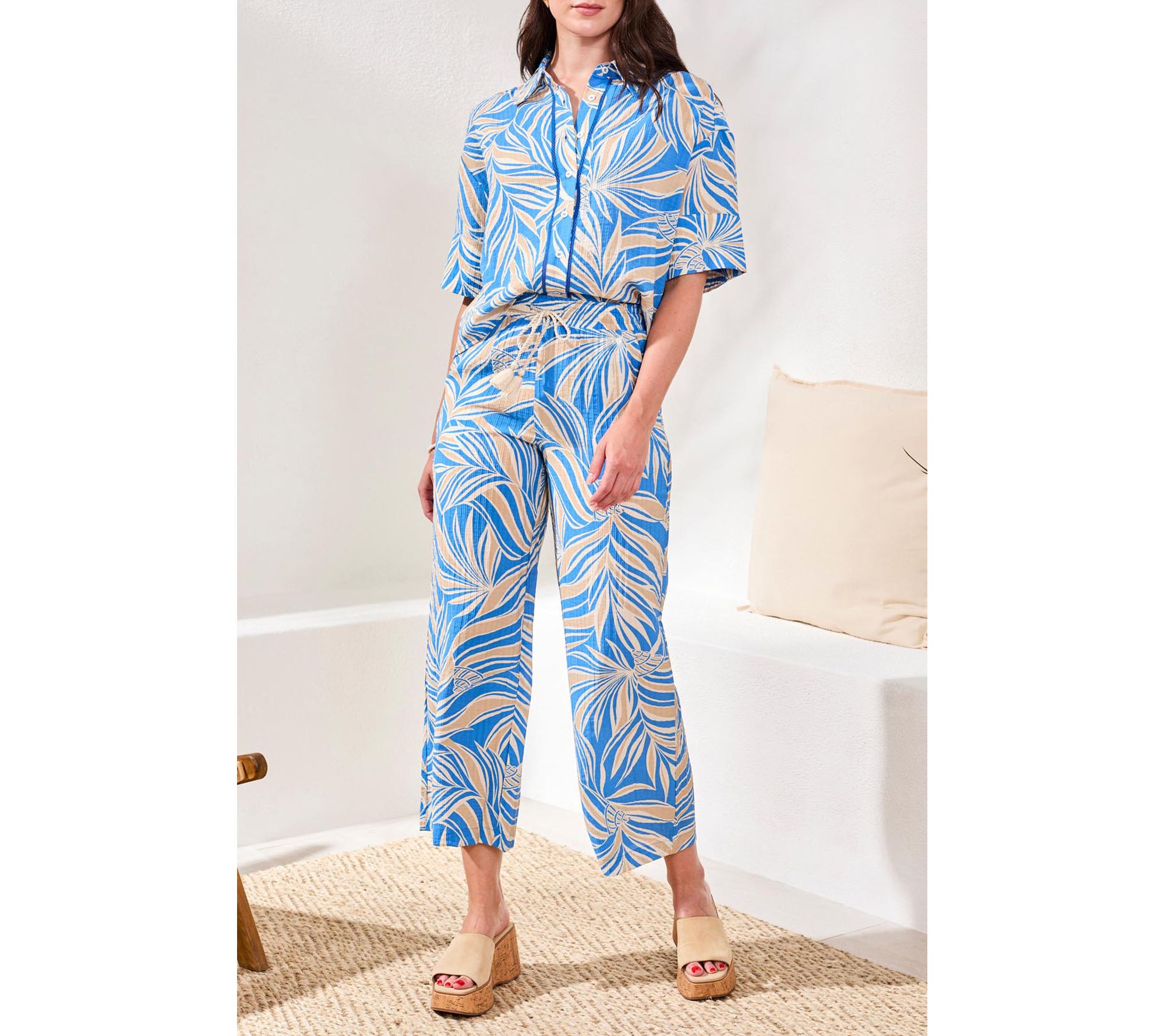 Tribal Printed Flowy Ankle Pant With Drawcord At Waist