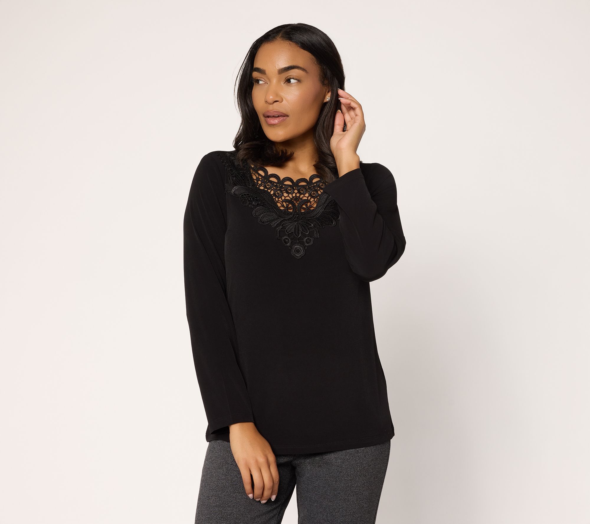 "As Is" Susan Graver Liquid Knit Bracelet Sleeve Top w/ Crochet Lace