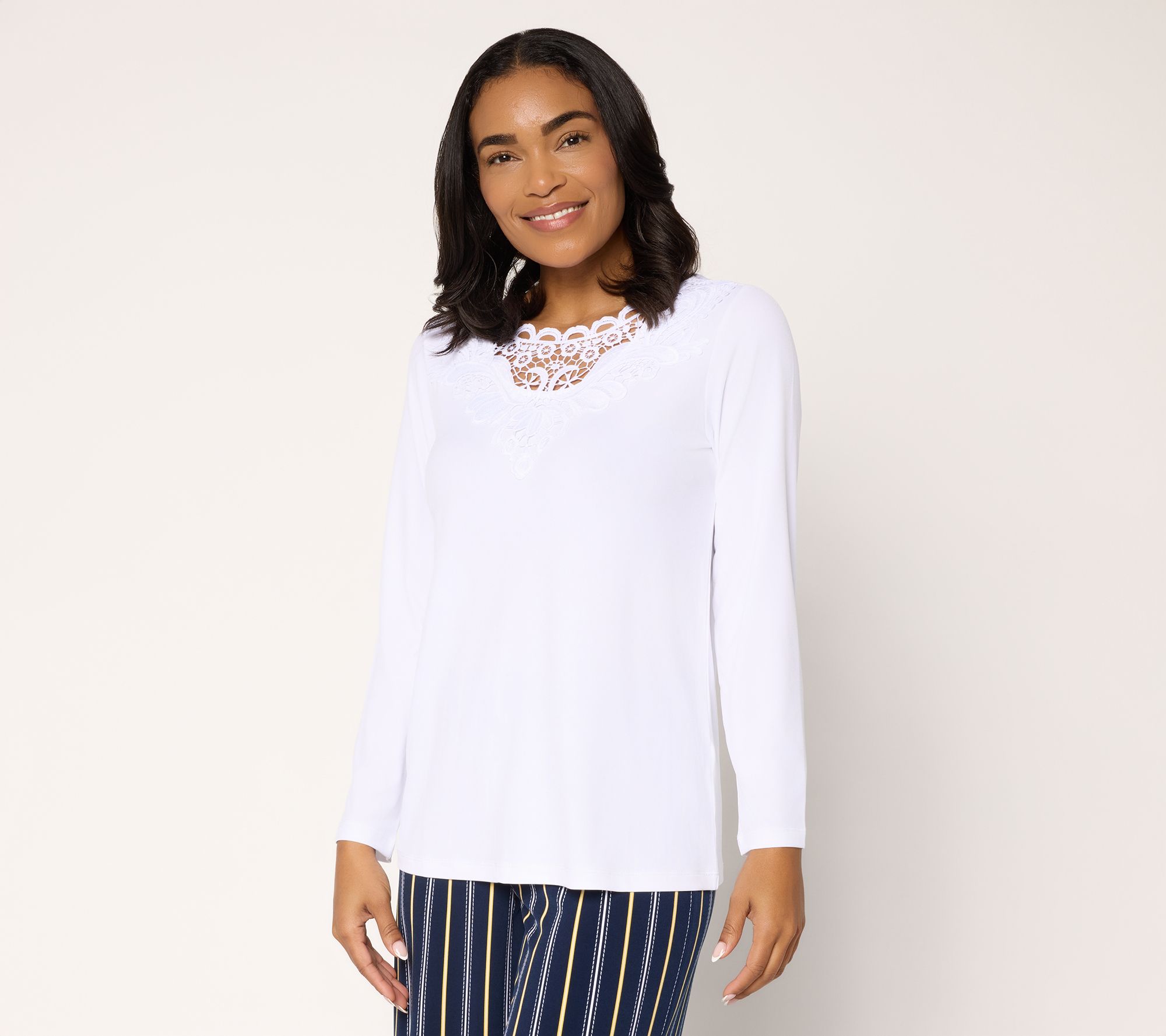 "As Is" Susan Graver Liquid Knit Bracelet Sleeve Top w/ Crochet Lace