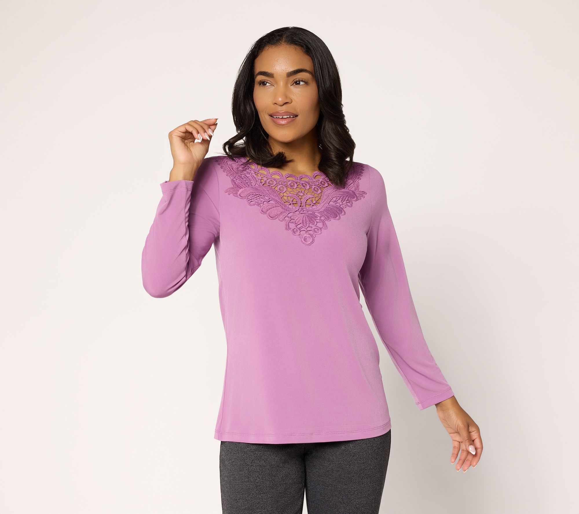 "As Is" Susan Graver Liquid Knit Bracelet Sleeve Top w/ Crochet Lace