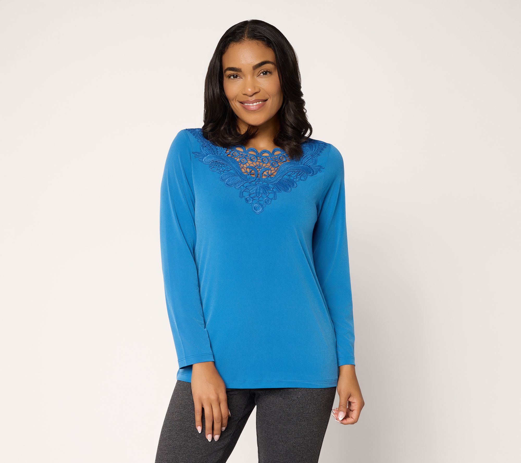 "As Is" Susan Graver Liquid Knit Bracelet Sleeve Top w/ Crochet Lace