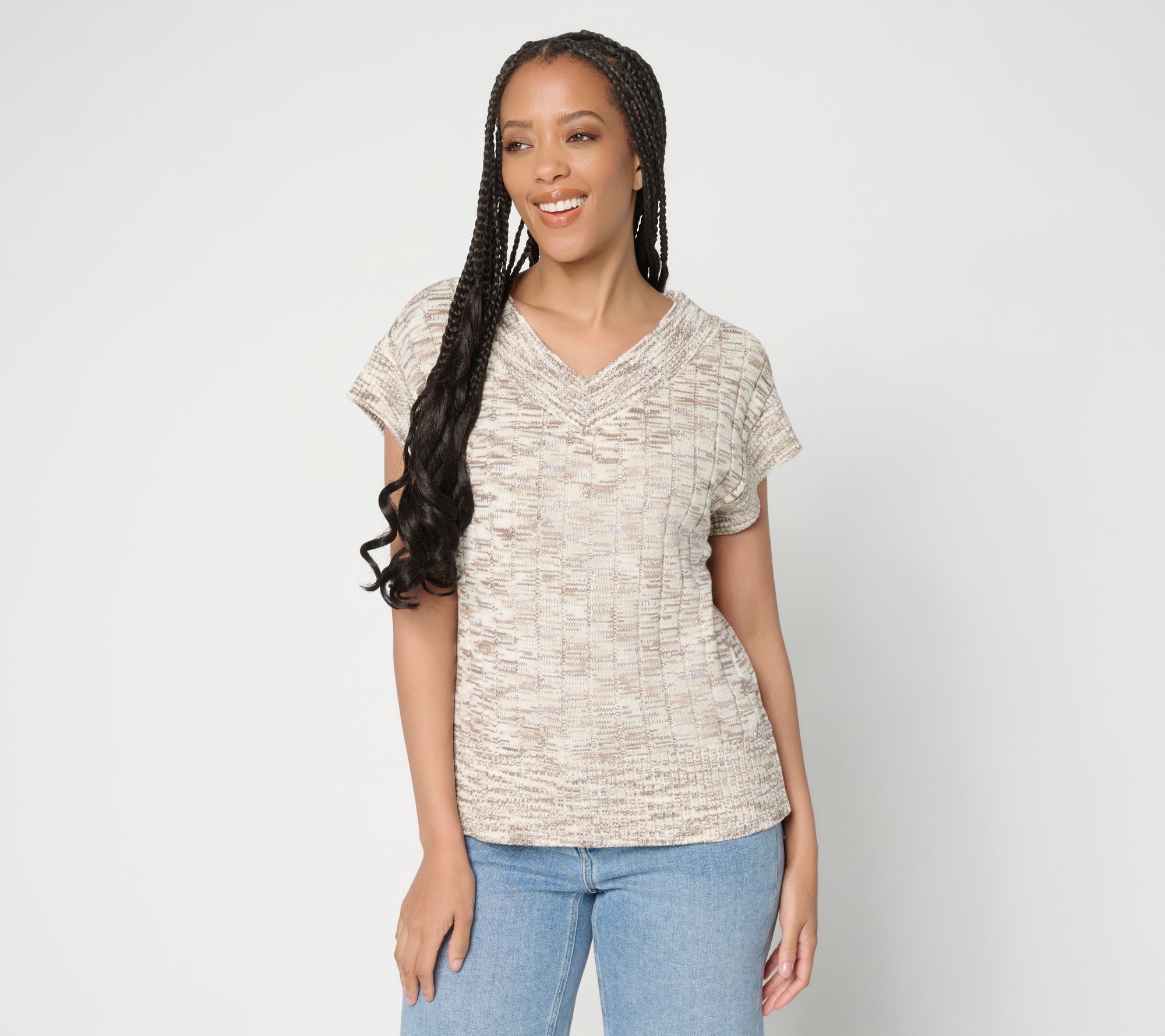 "As Is" AnyBody Spacedye V-Neck Cap Sleeve Pullover Sweater